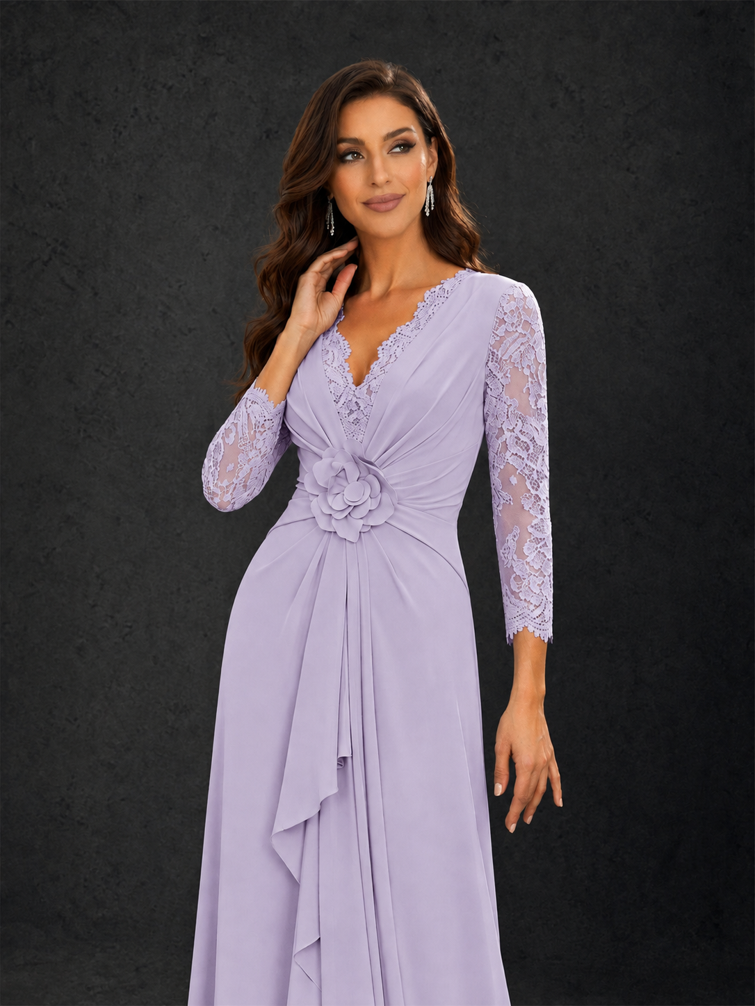 BOLODOO Lilac Lace Sleeve V-Neck Floral Waist Chiffon A-Line Maxi Dress - Lilac