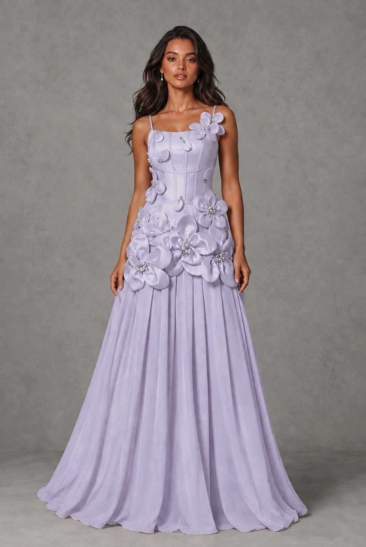 BOLODOO Lilac 3D Floral Appliqué Floor-Length A-Line Evening Gown - Lilac
