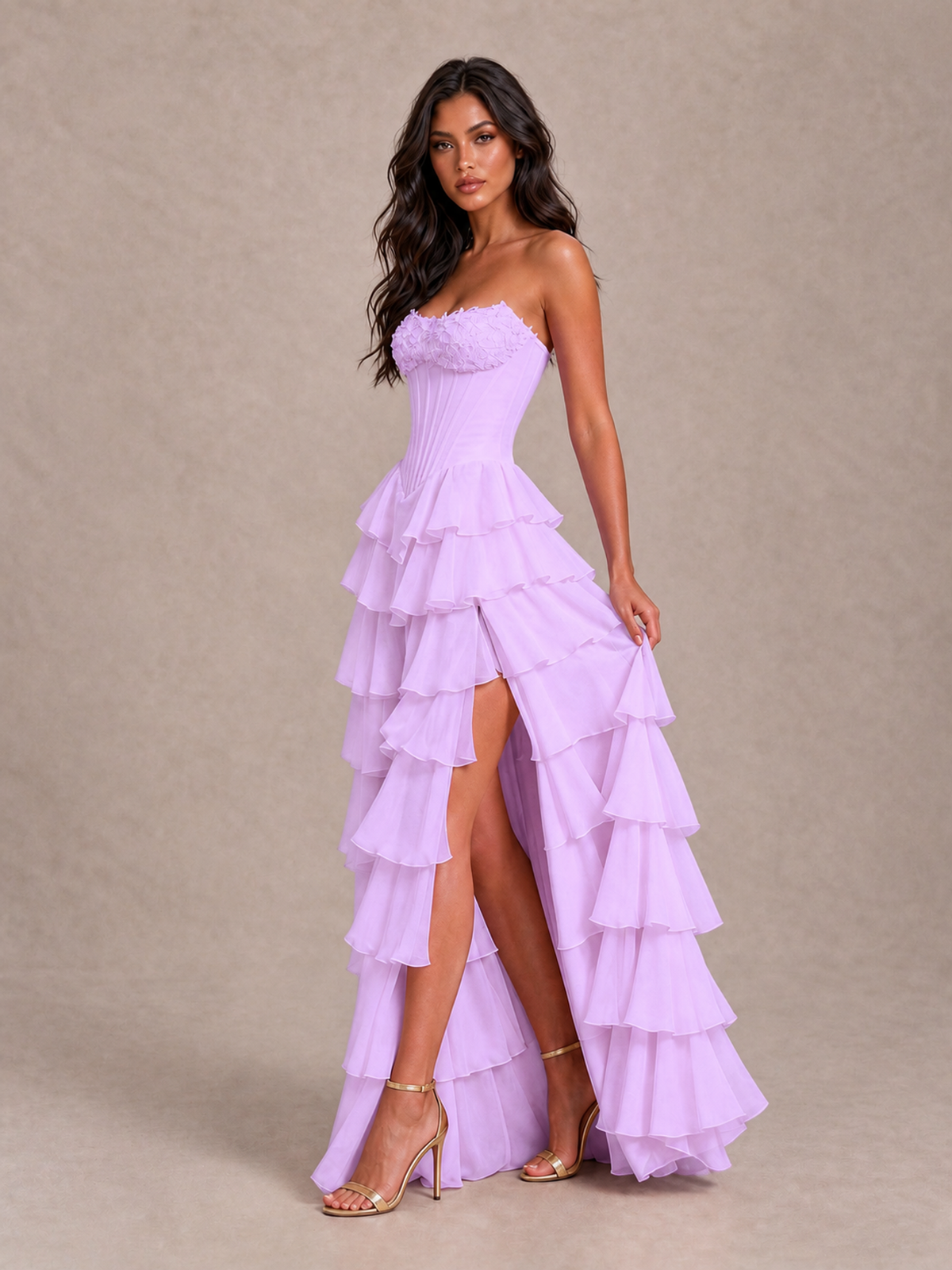 BOLODOO Lilac Strapless Corset Tiered Ruffle Prom Dress with High Slit - Lilac - Lilac_3