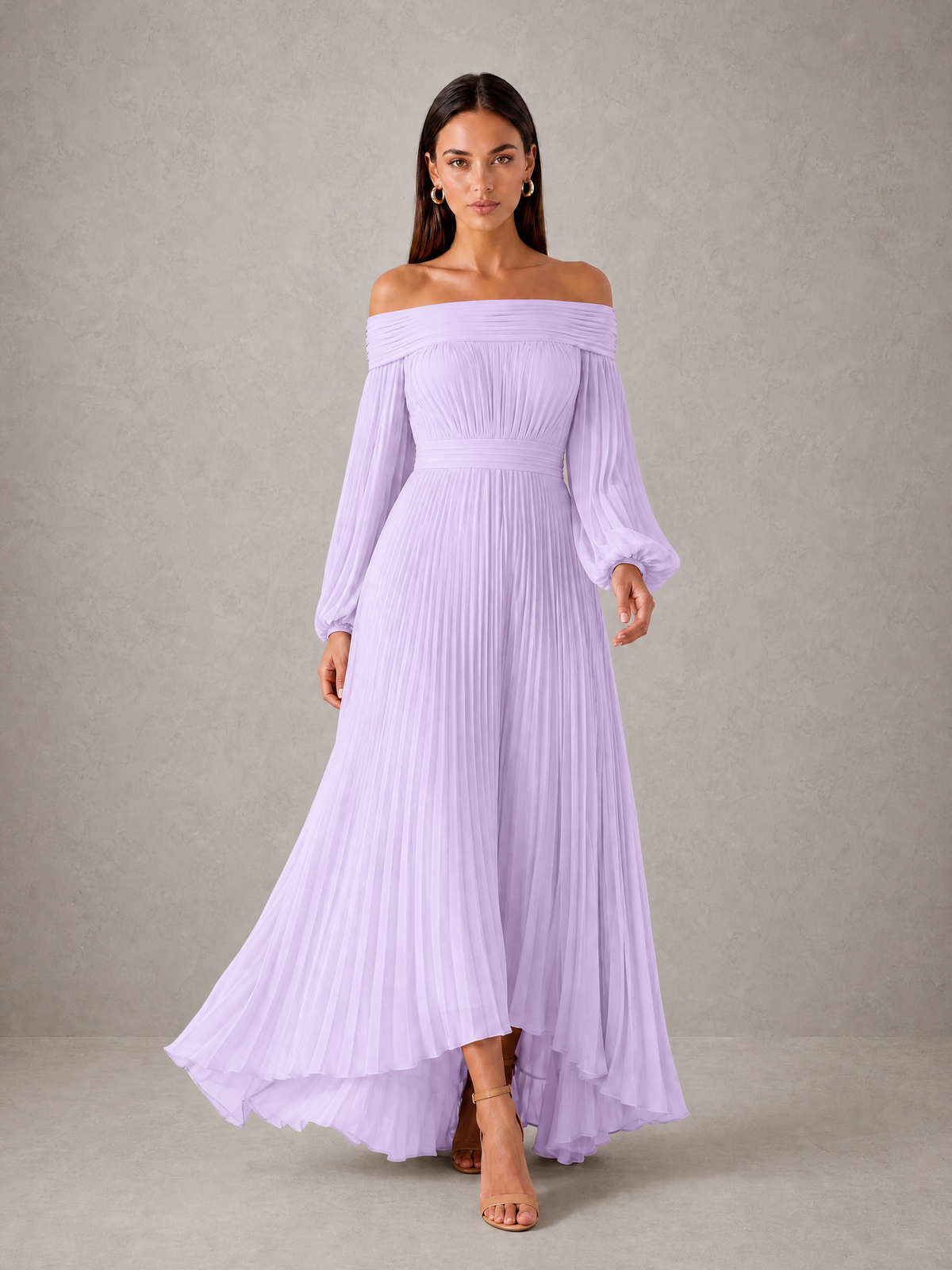 BOLODOO Lilac Off-Shoulder Long Sleeve Pleated High-Low Dress - Lilac - Lilac_3