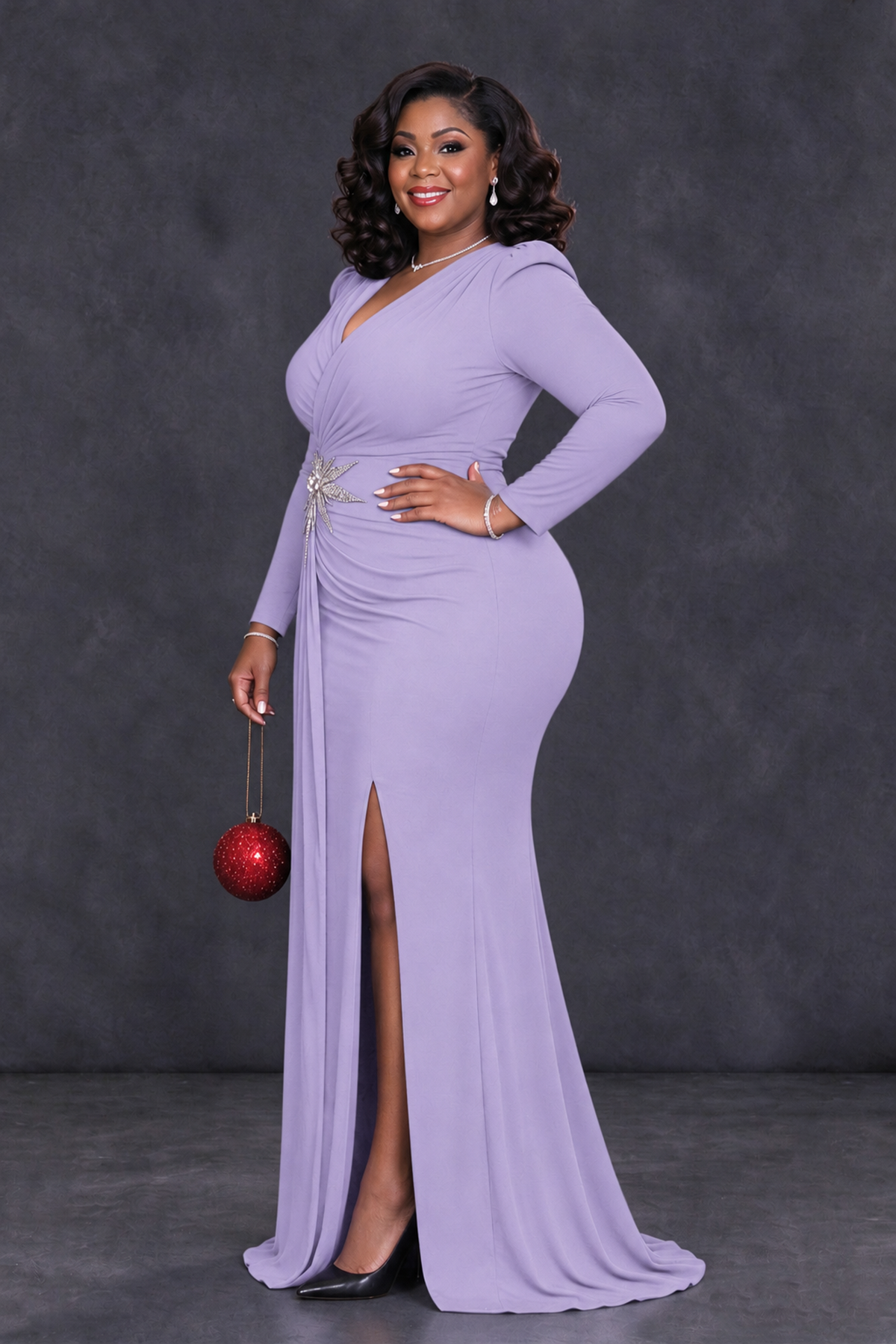 BOLODOO Lilac Plus Size Long Sleeve V-Neck Mother of the Bride Dress with Slit - Lilac - Lilac_3
