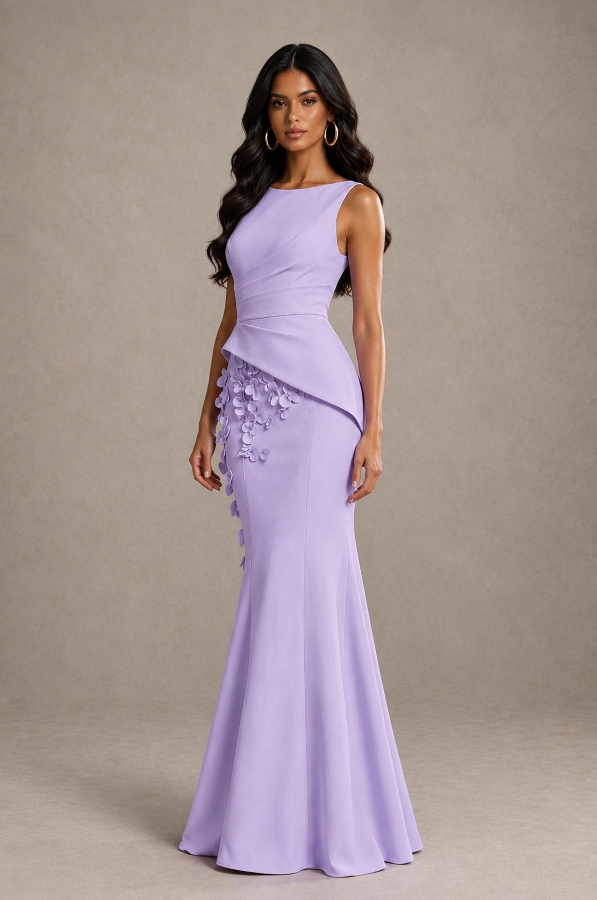 BOLODOO Lilac Bateau Neck Sleeveless Asymmetric Peplum 3D Petal Appliqué Mermaid Gown BD0421 - Lilac - Lilac_3