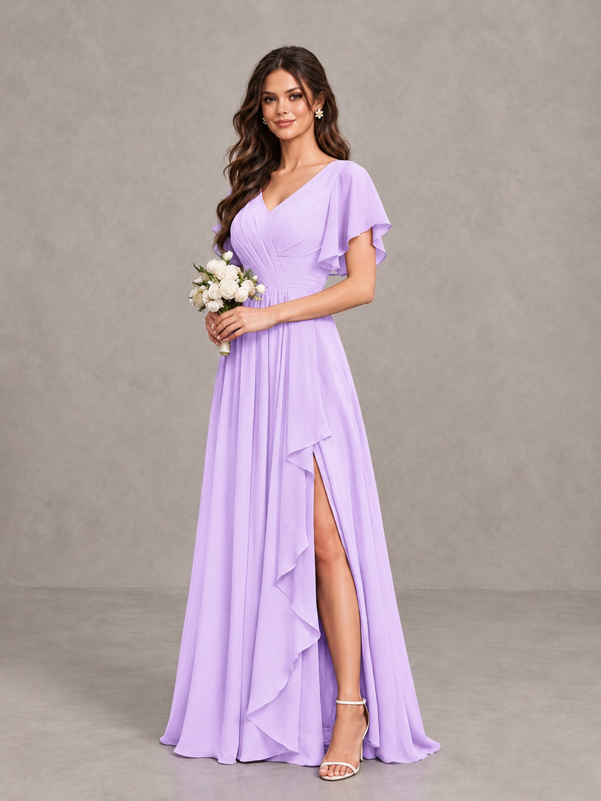 BOLODOO Lilac Flutter Sleeve V-Neck Bridesmaid Dress with Ruffle Slit - Lilac - Lilac_3