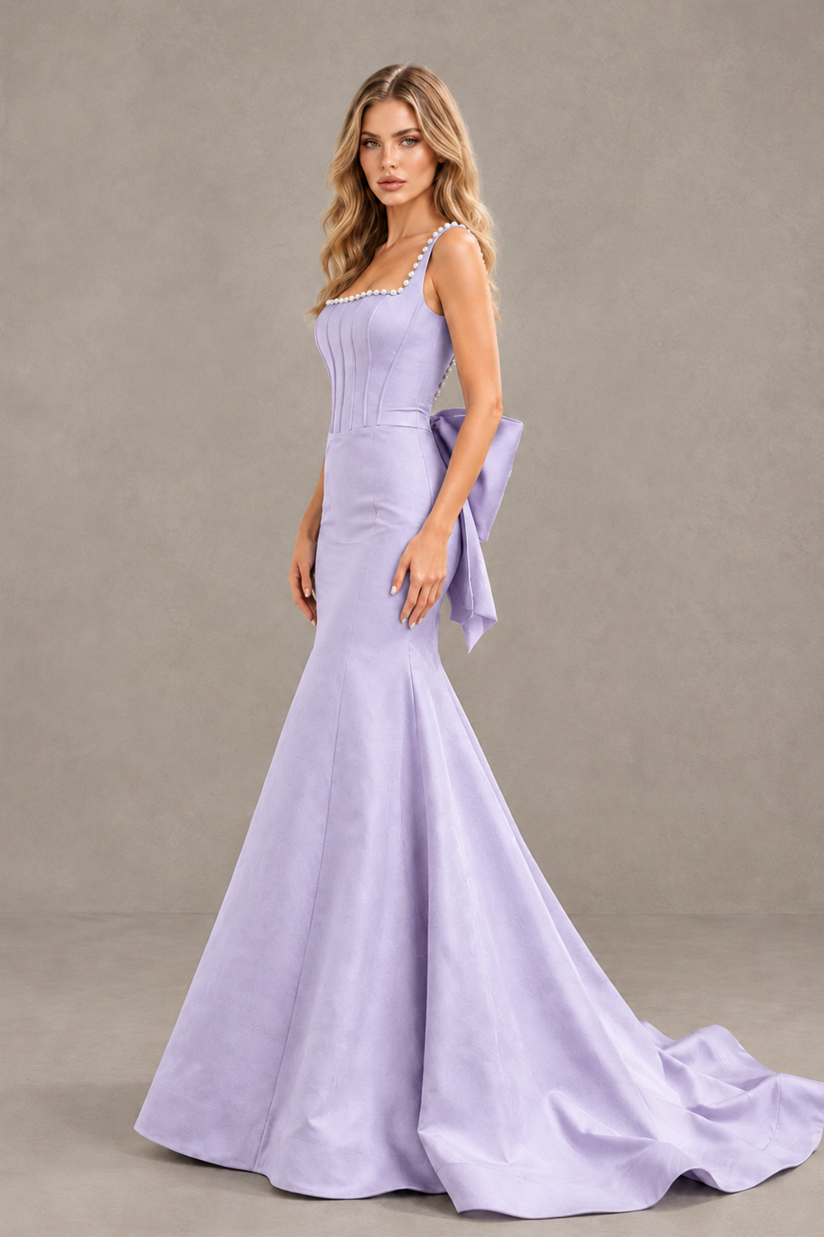 BOLODOO Lilac Pearl-Trim Mermaid Prom Dress with Back Bow - Lilac - Lilac_3