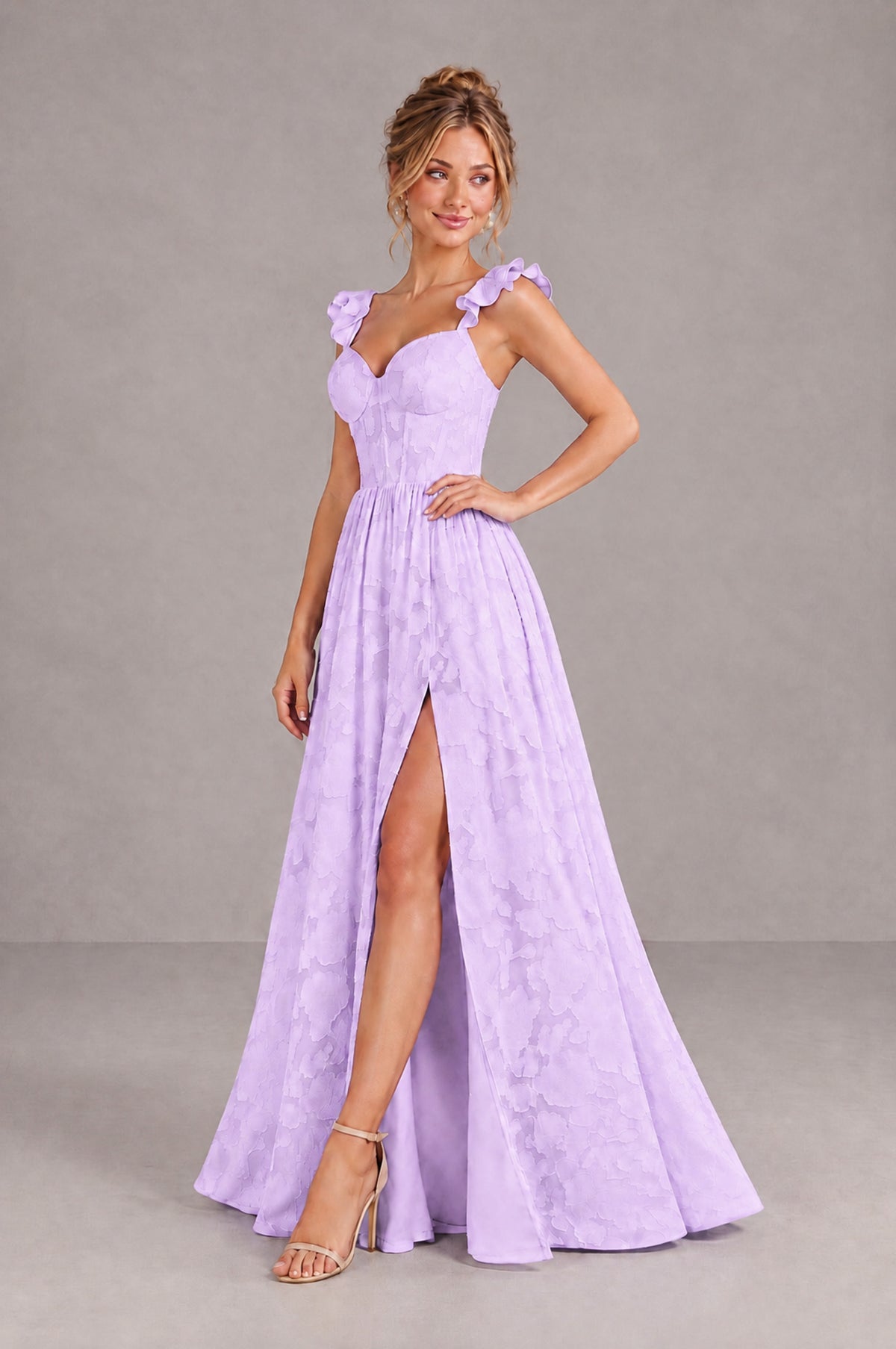 BOLODOO Lilac Floral A-Line Bridesmaid Dress with Slit Ruffle Straps Maxi Gown - Lilac - Lilac_3