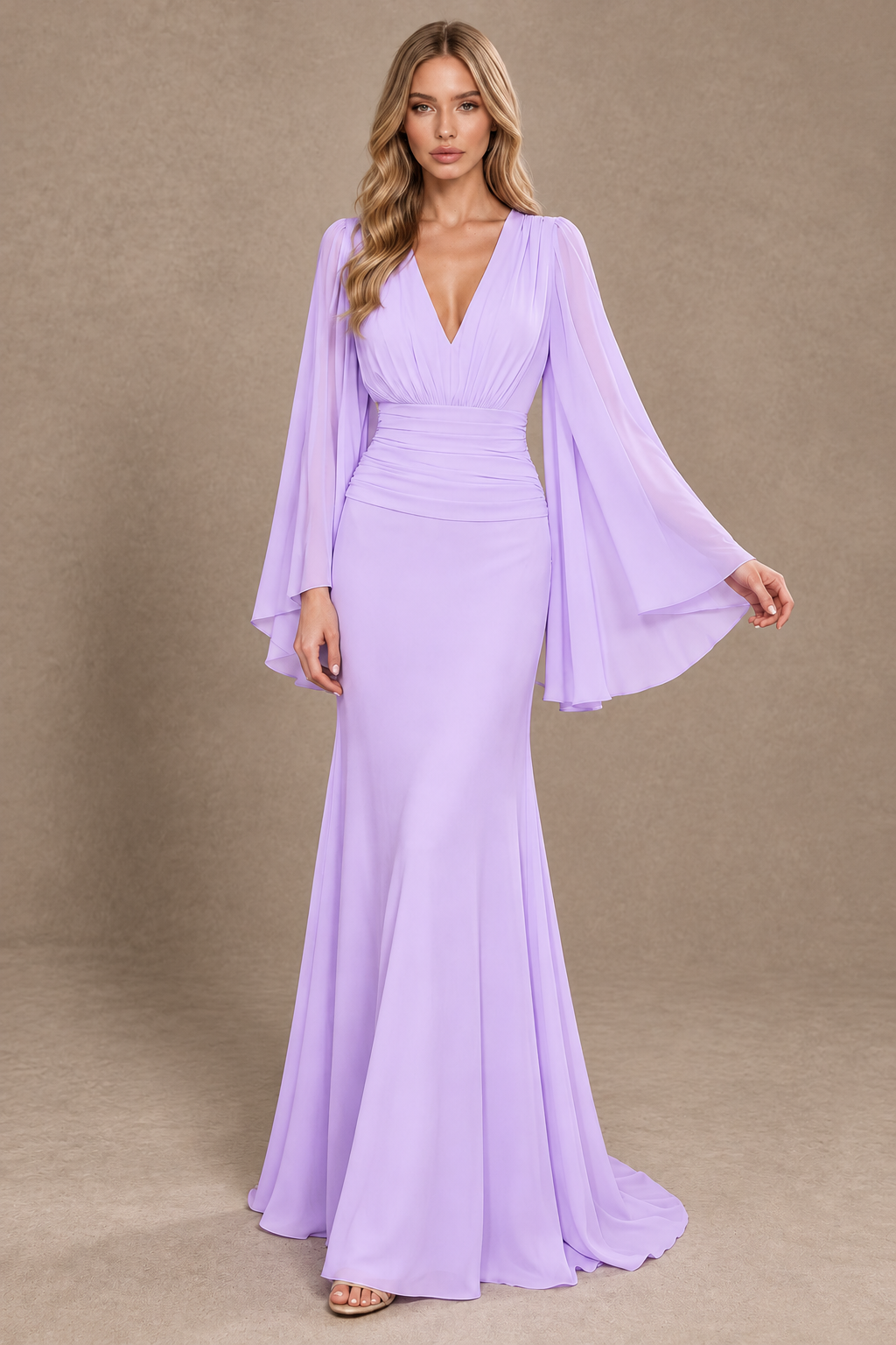 BOLODOO Lilac Cape Sleeve V-Neck Ruched Chiffon Evening Dress - Lilac - Lilac_3