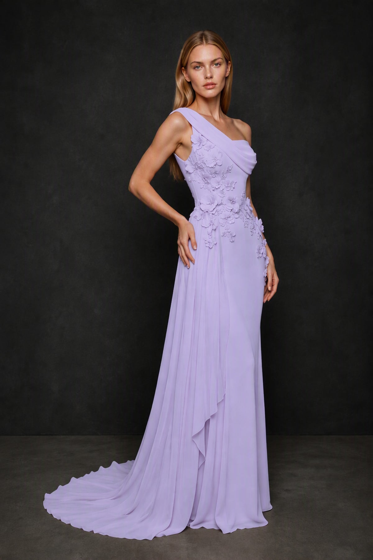 BOLODOO Lilac One-Shoulder 3D Floral Appliqué Chiffon Gown with Open Back - Lilac
