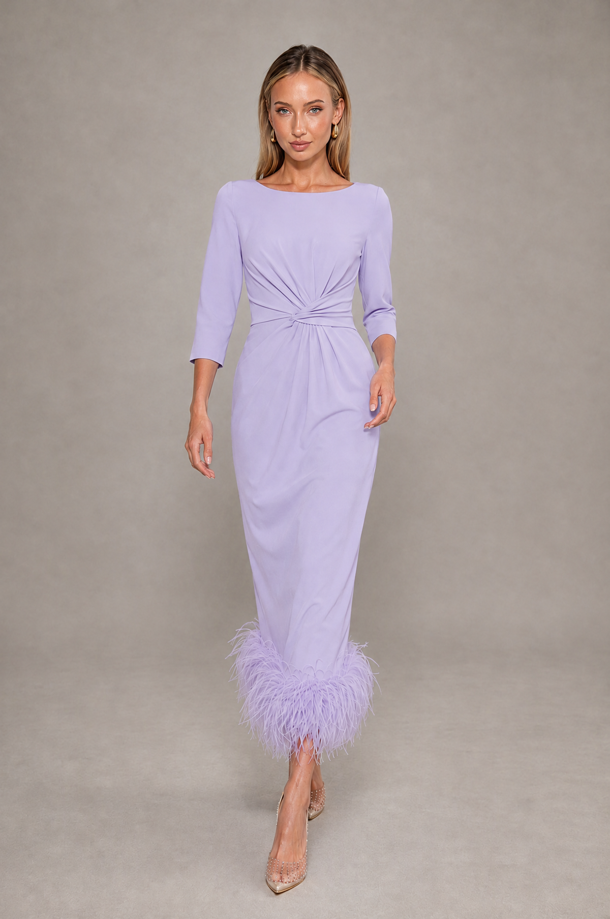 BOLODOO Lilac Feather-Trim Twist-Waist Midi Dress - Lilac - Lilac_3