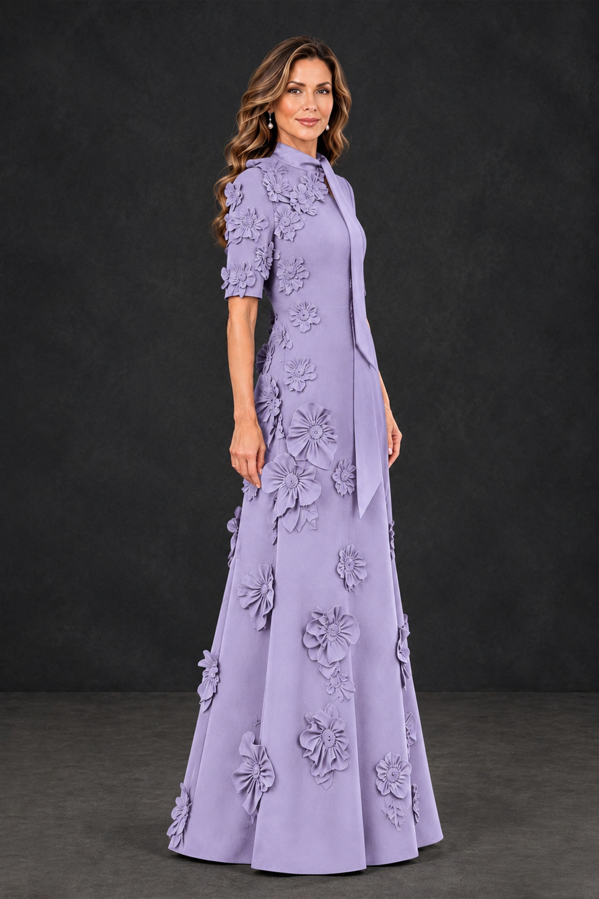 BOLODOO Lilac Floral Applique High-Neck Half-Sleeve Gown - Lilac - Lilac_3