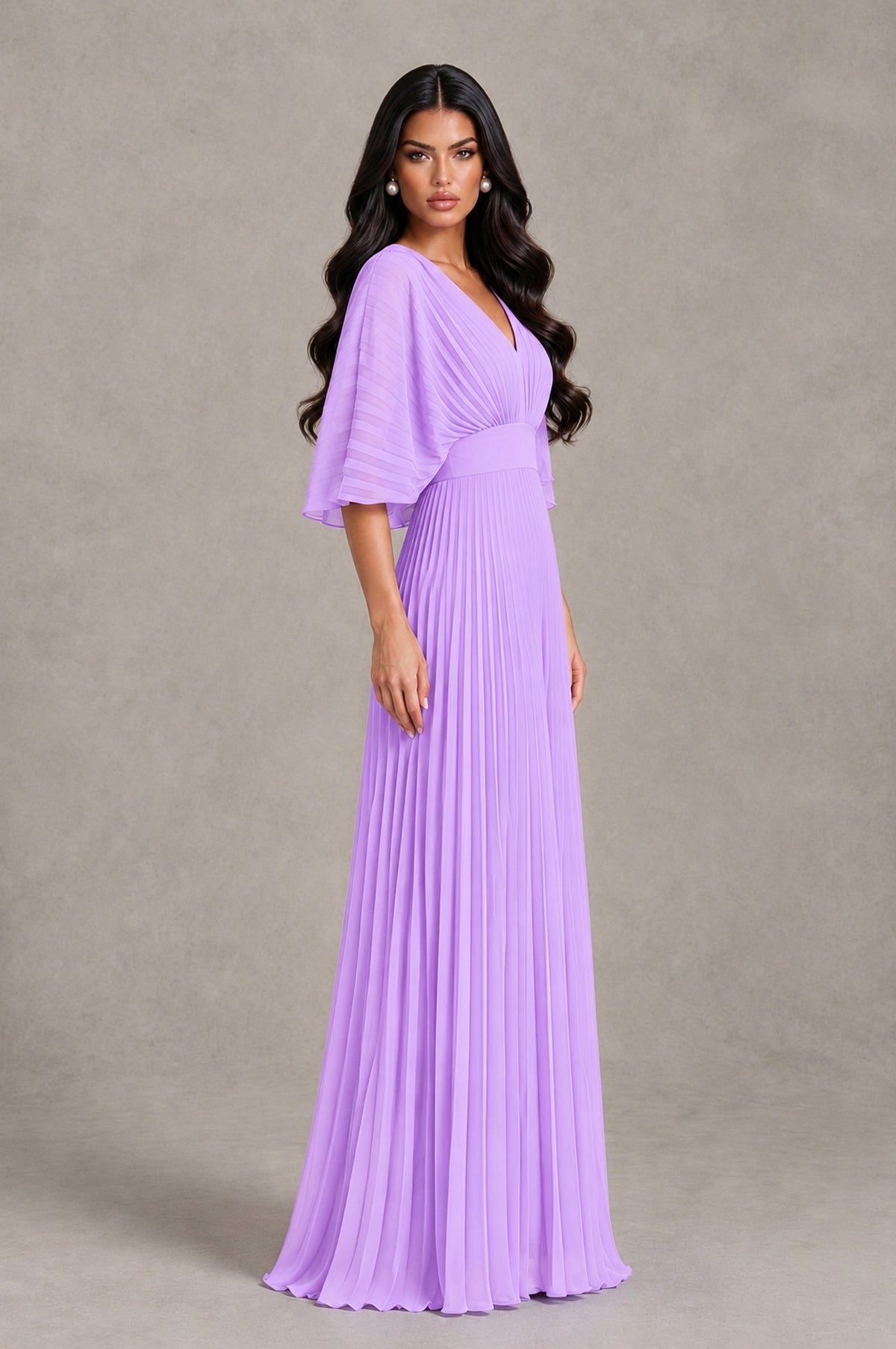 BOLODOO Lilac V-Neck Pleated Flutter Sleeve Formal Dress - Lilac - Lilac_3