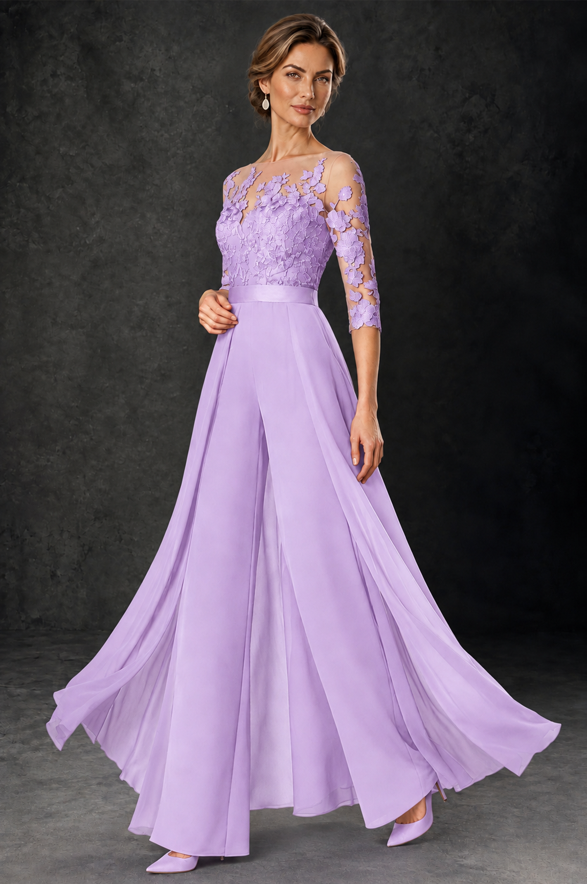 BOLODOO Lilac Lace Wide-Leg Jumpsuit with Three-Quarter Sleeves - Lilac - Lilac_3