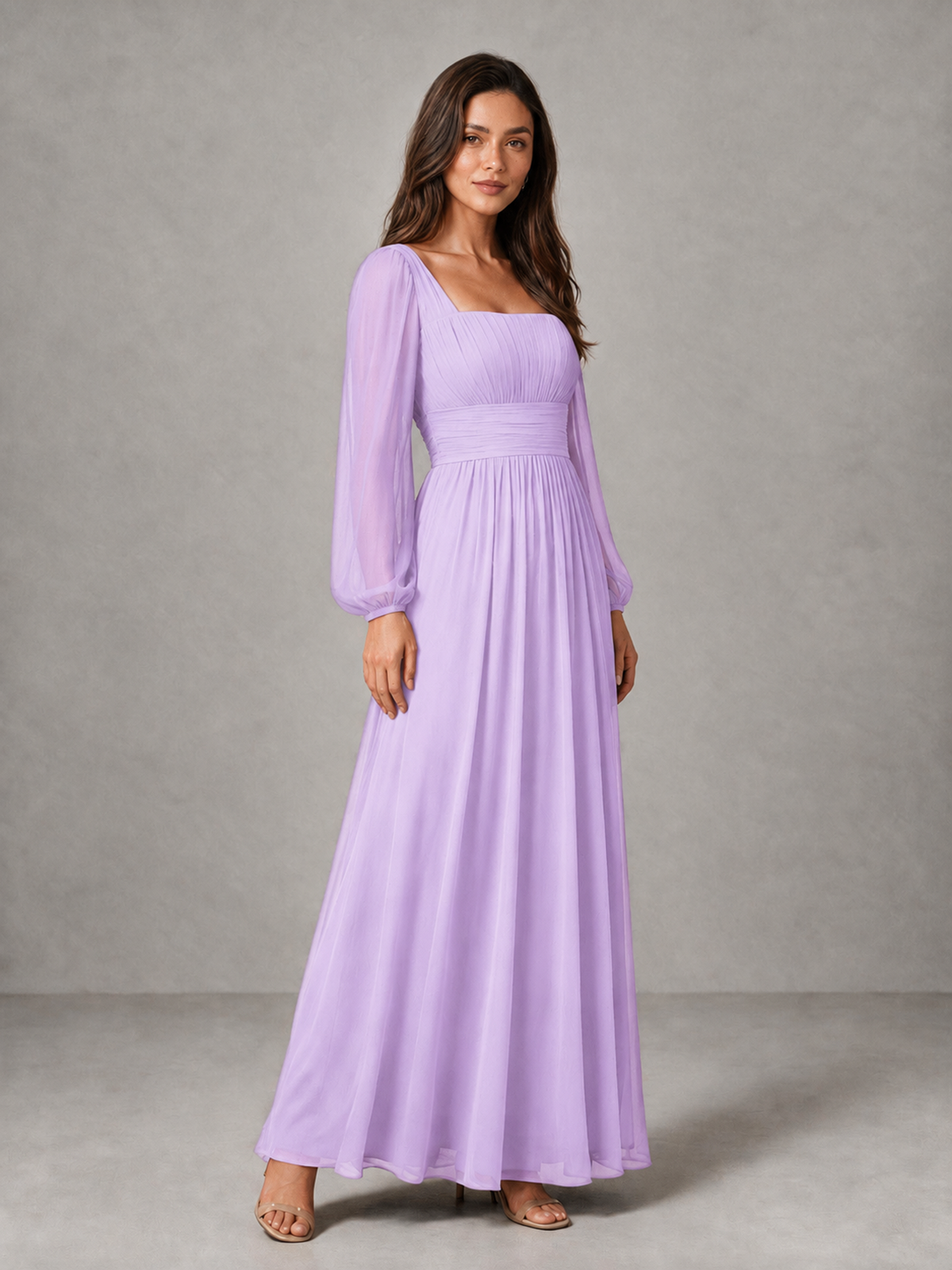 BOLODOO Lilac Square Neck Long Sleeve Chiffon Bridesmaid Dress - Lilac - Lilac_3