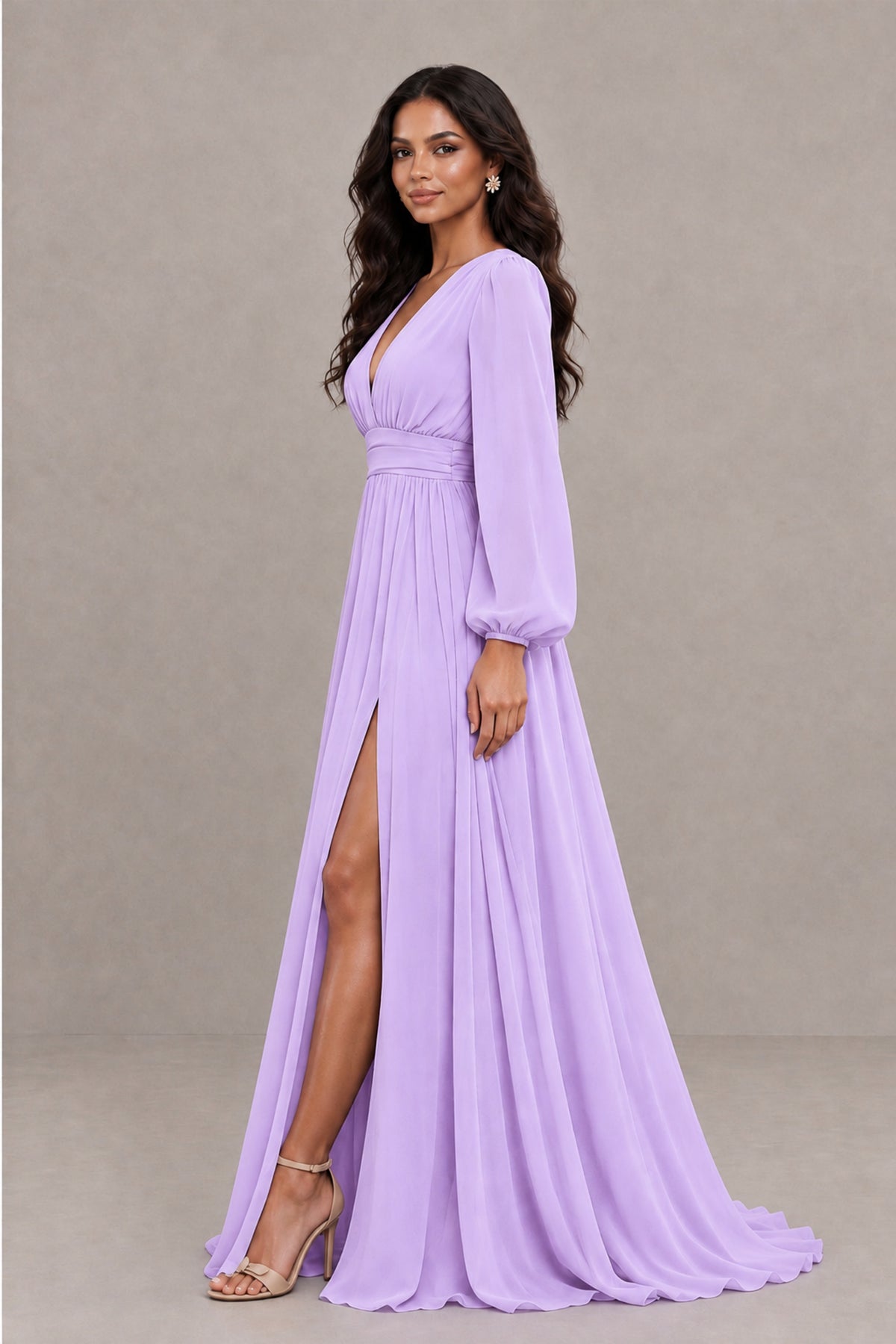 BOLODOO Lilac Long Sleeve V-Neck A-Line Gown with Open Back & Slit - Lilac - Lilac_3