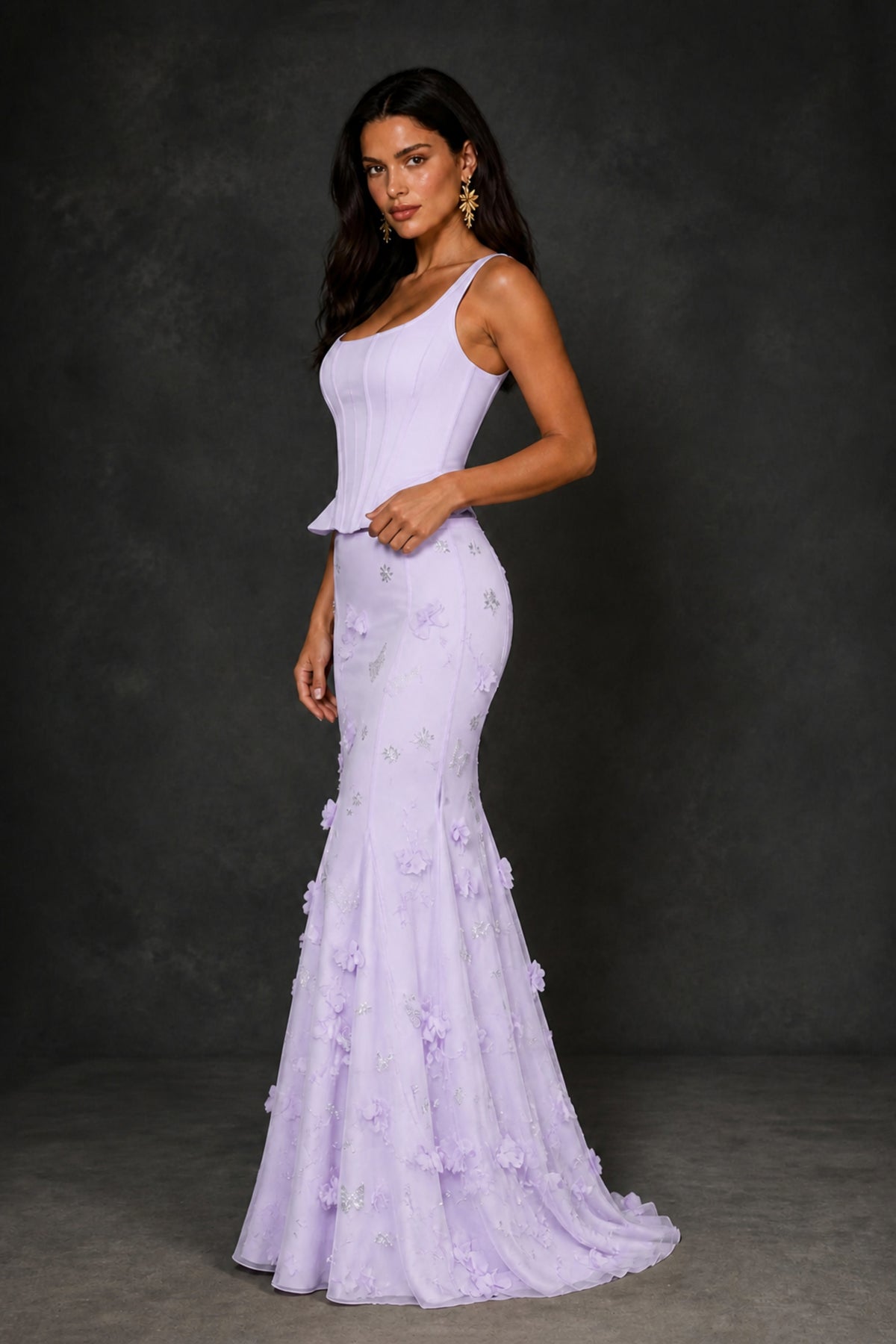 BOLODOO Lilac Peplum Corset Top & 3D Floral Mermaid Skirt Two-Piece Set – Lace-Up Back Formal Gown - Lilac