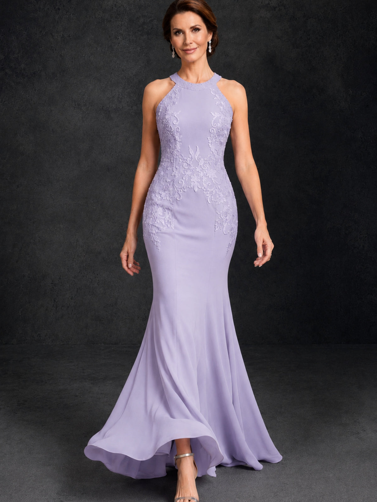 BOLODOO Lilac Lace Applique Halter Neck Sheer Back Mermaid Maxi Dress with Sweep Train - Lilac