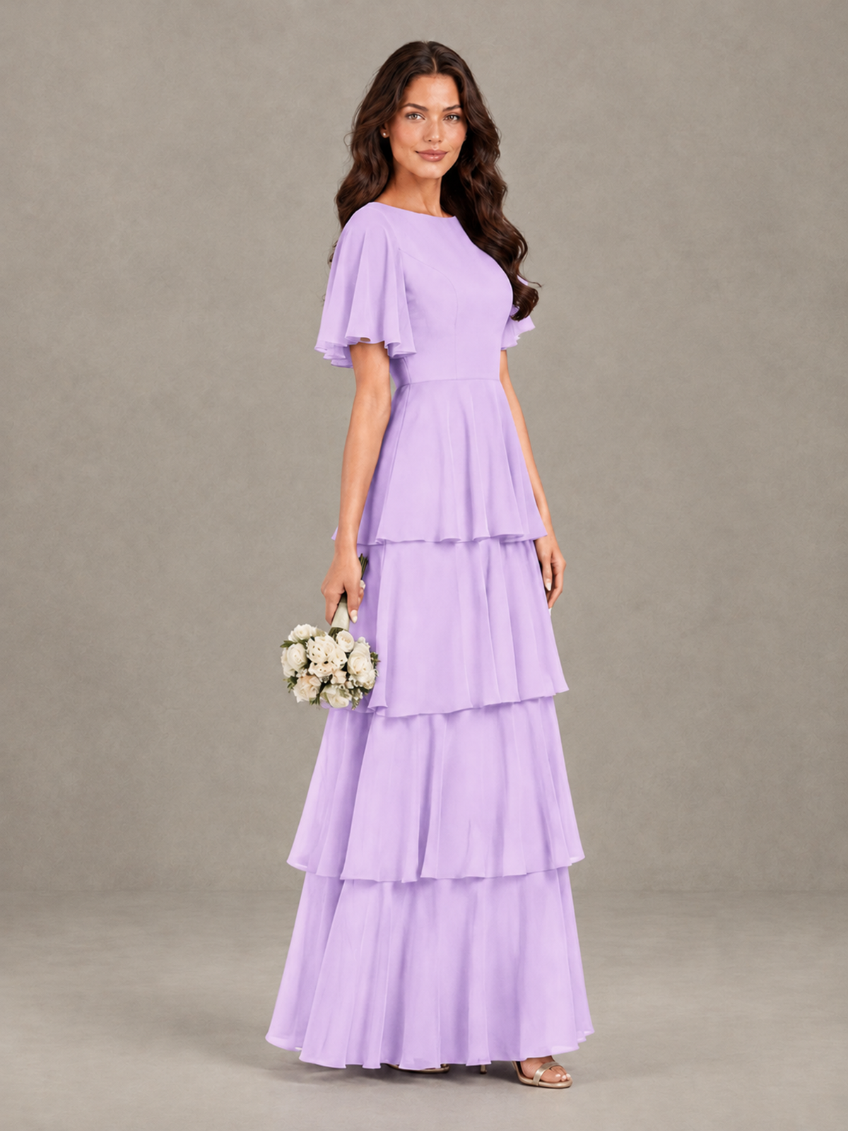 BOLODOO Lilac Tiered Flutter Sleeve Bridesmaid Dress - Lilac - Lilac_3
