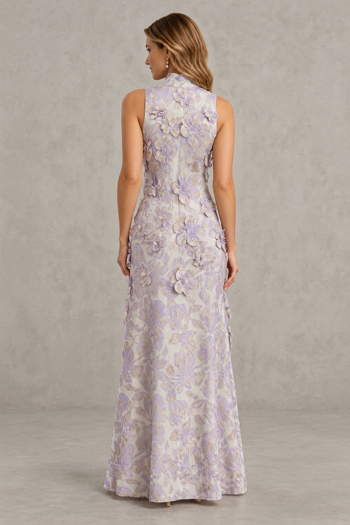 BOLODOO Lilac High Neck Sleeveless 3D Floral Evening Gown - Lilac
