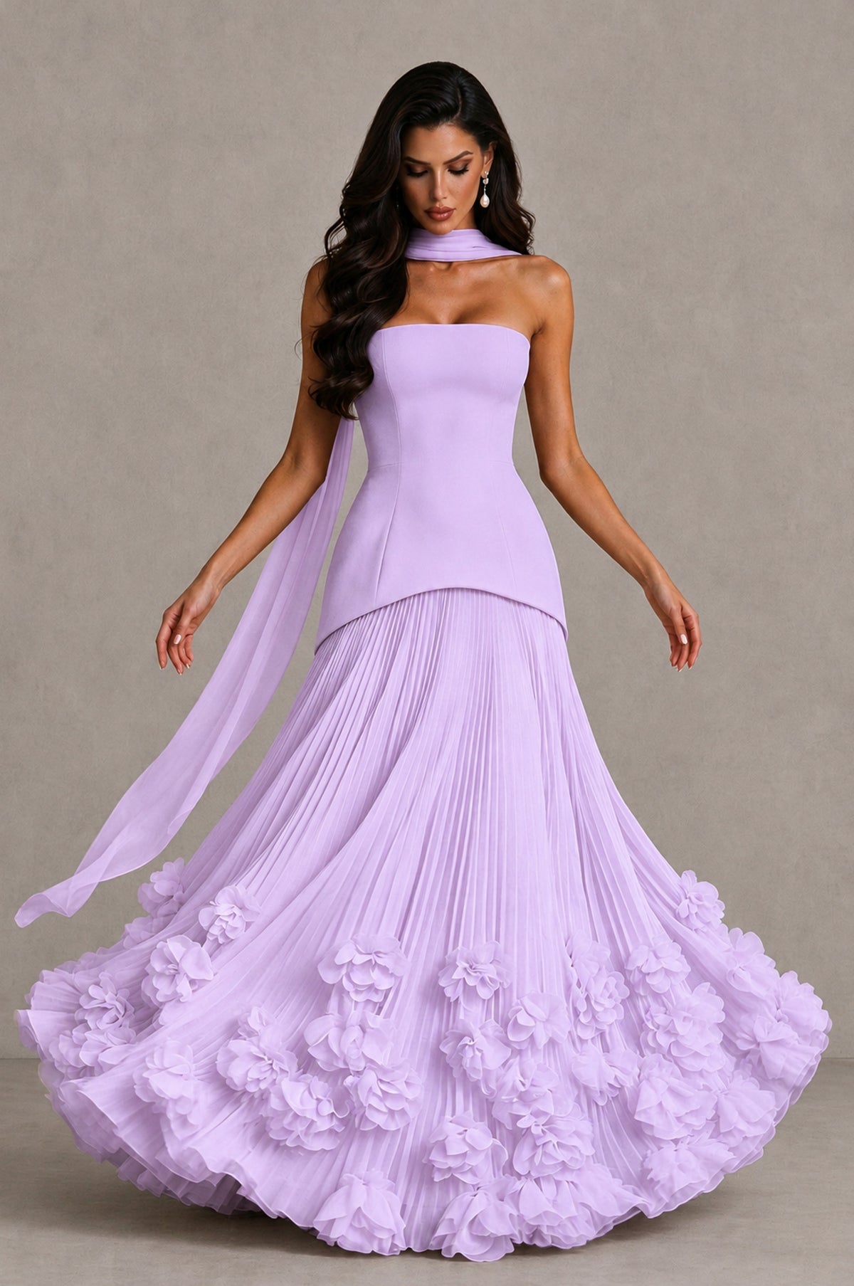BOLODOO Lilac Strapless Pleated Floral Hem Evening Gown - Lilac - Lilac_3