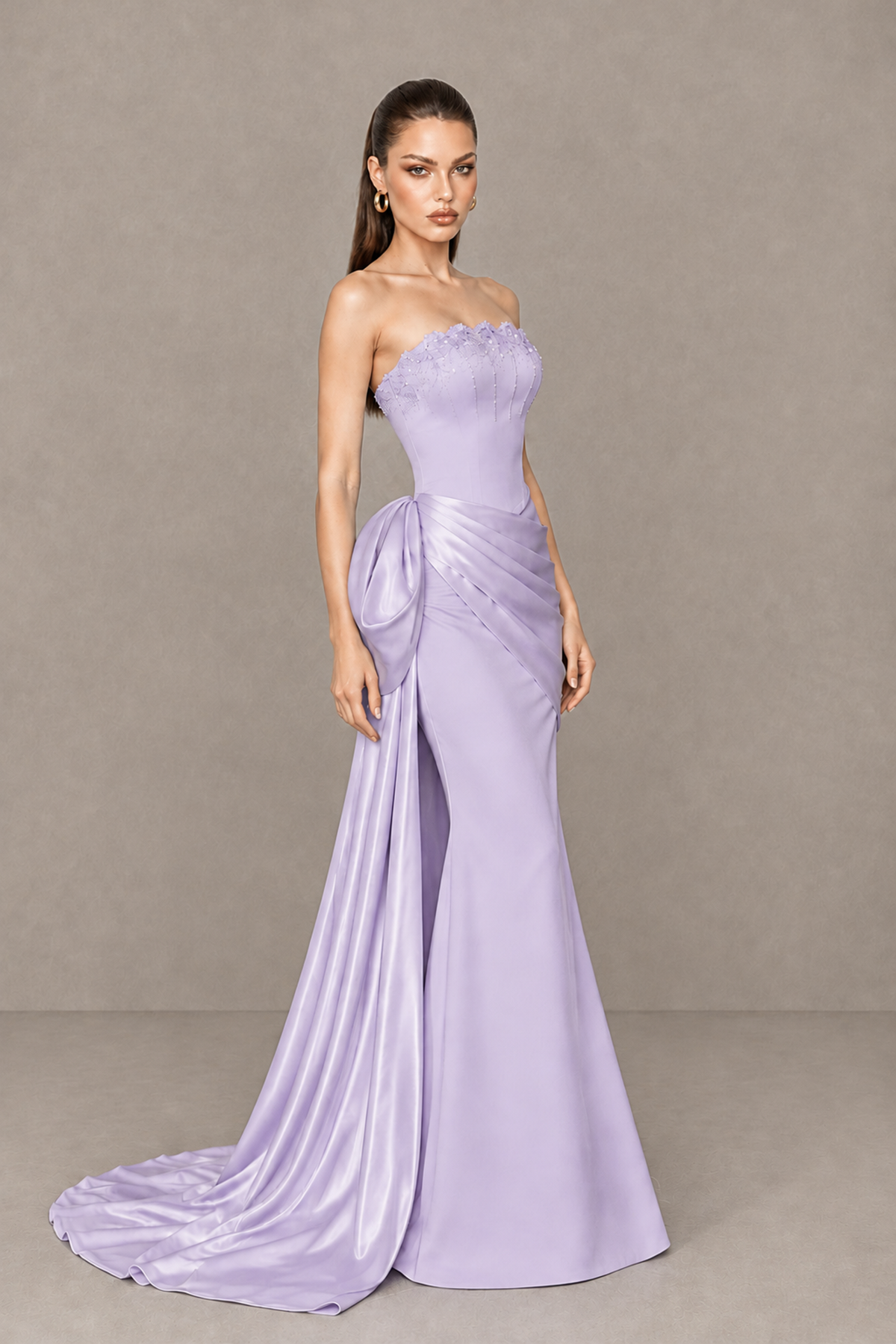 BOLODOO Lilac Strapless Satin Prom Dress with Draped Side Train - Lilac - Lilac_3