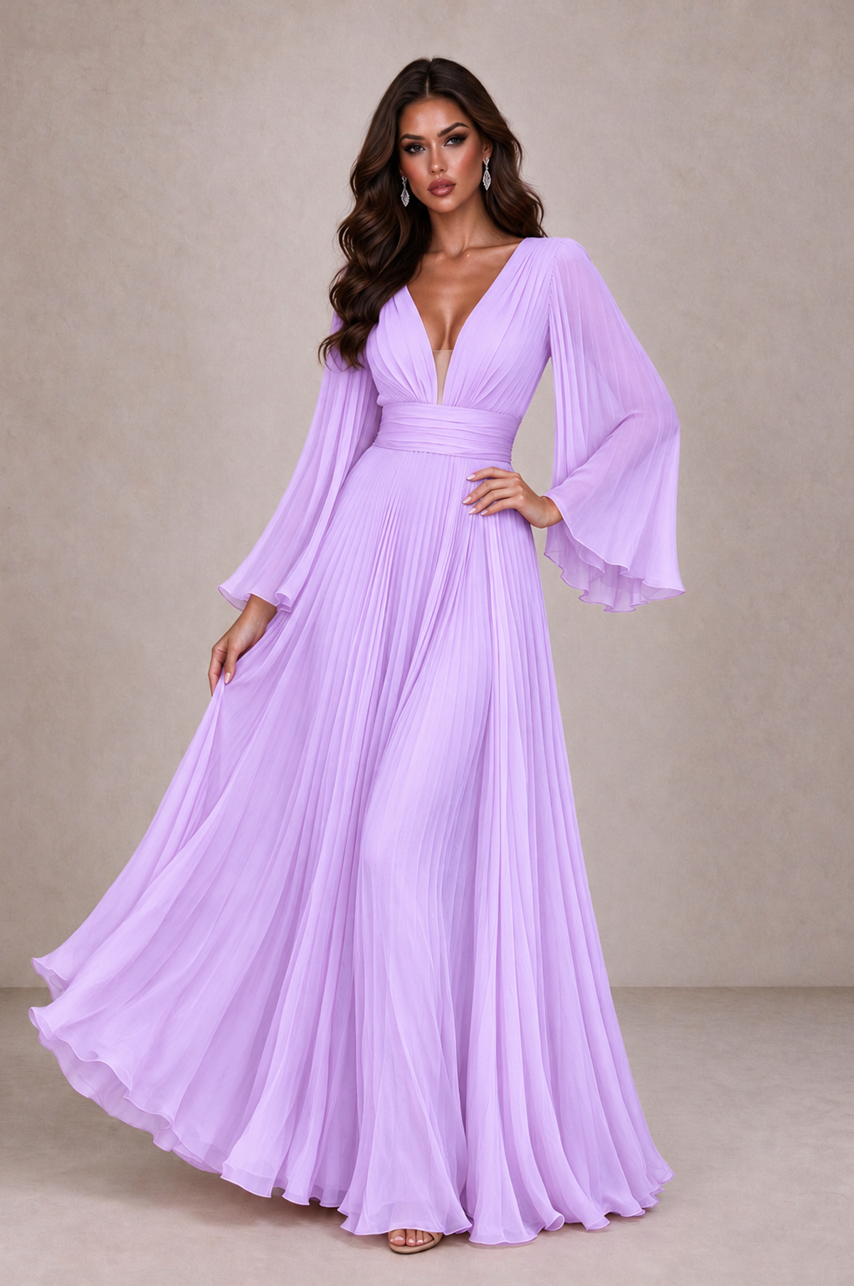 BOLODOO Lilac Pleated Deep V-Neck Long Bell Sleeve Evening Dress - Lilac - Lilac_3