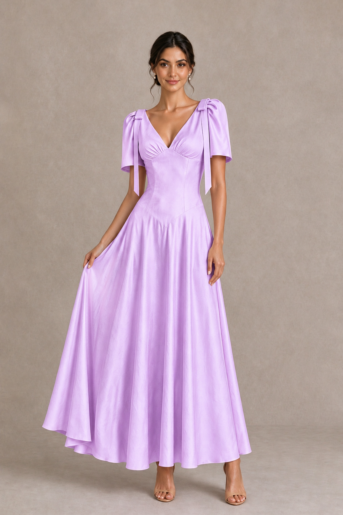 BOLODOO Lilac V-Neck Short Sleeve Satin-Look Bridesmaid Dress with Shoulder Bows - Lilac - Lilac_3