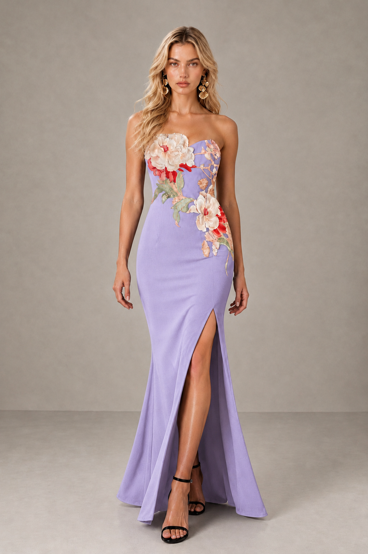 BOLODOO Lilac Strapless Floral Mermaid Evening Dress with Slit - Lilac - Lilac_3