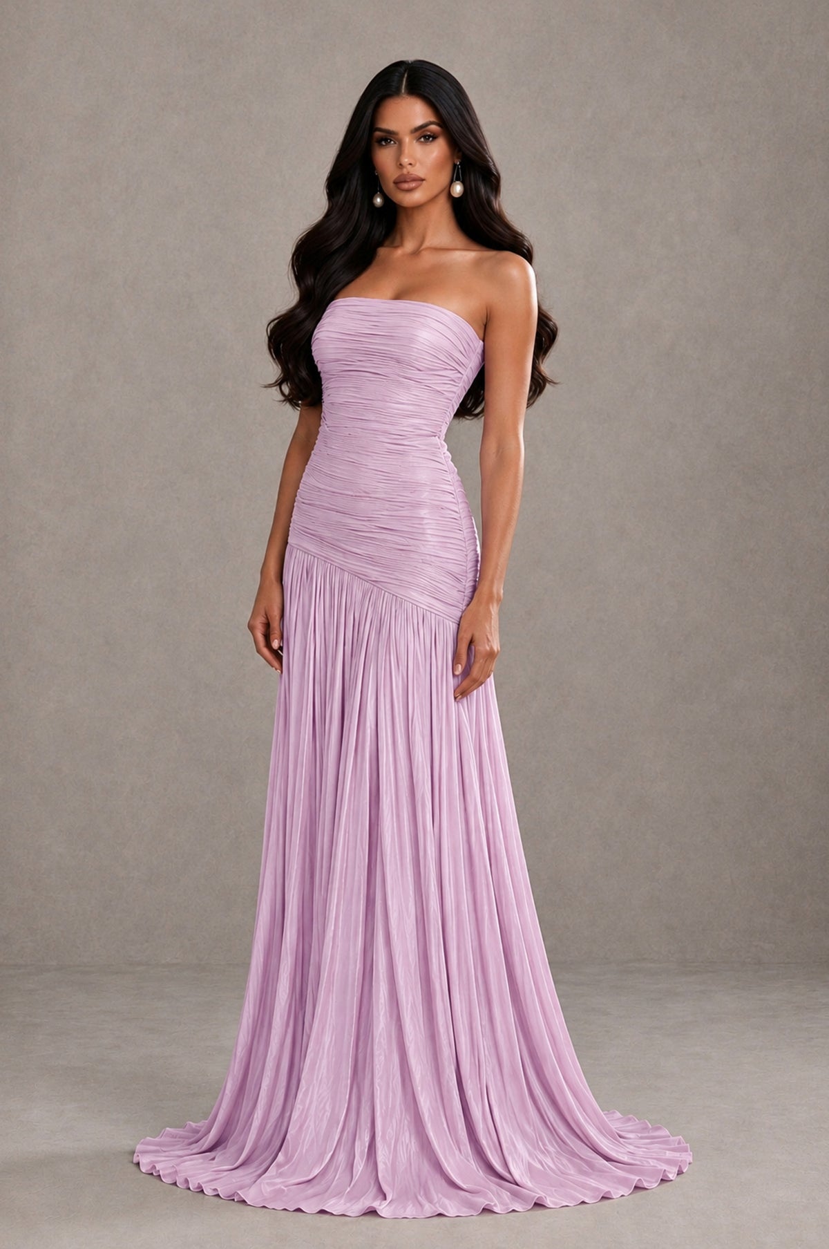 BOLODOO Lilac Metallic Ruched Strapless Pleated A-Line Backless Maxi Dress with Train - Lilac - Lilac_3