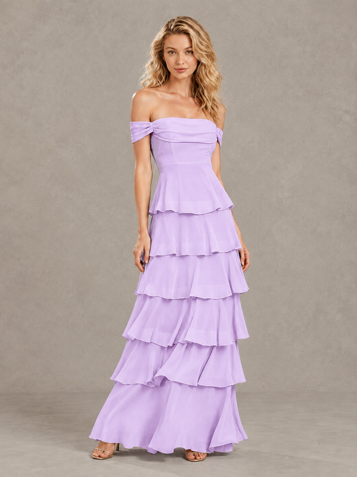 BOLODOO Lilac Off-Shoulder Tiered Ruffle Bridesmaid Dress with Lace-Up Back - Lilac - Lilac_3
