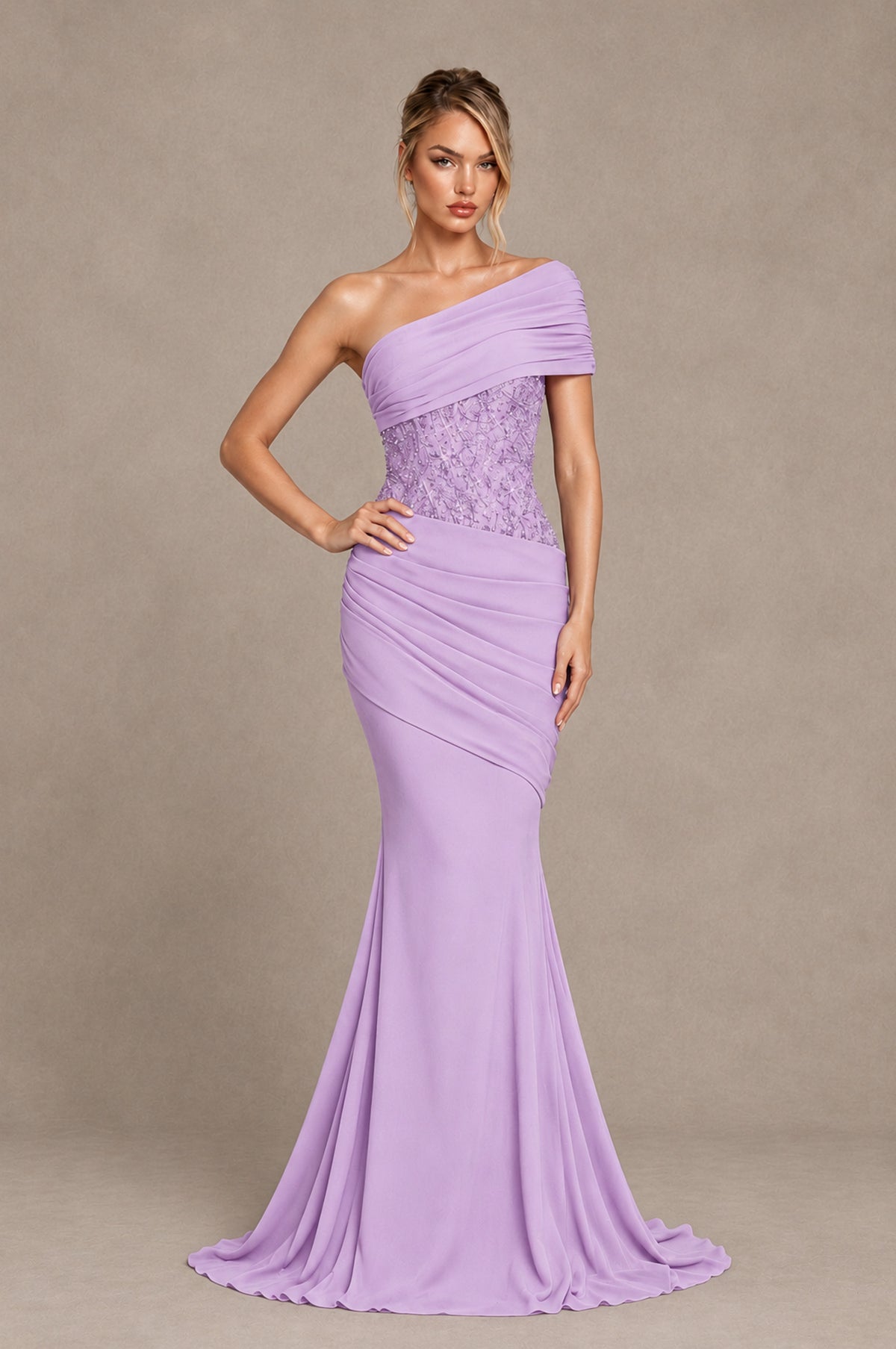BOLODOO Lilac One-Shoulder Sequin Embroidered Ruched Mermaid Gown with Train - Lilac - Lilac_3