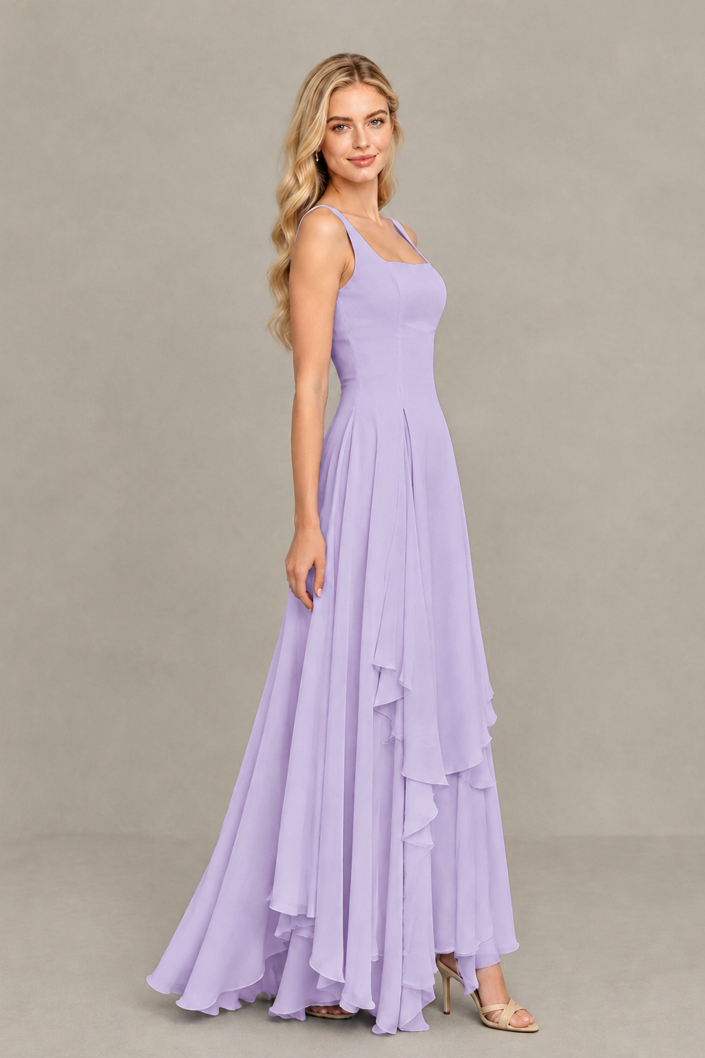BOLODOO Lilac Square Neck Chiffon Bridesmaid Dress with Lace-Up Back - Lilac