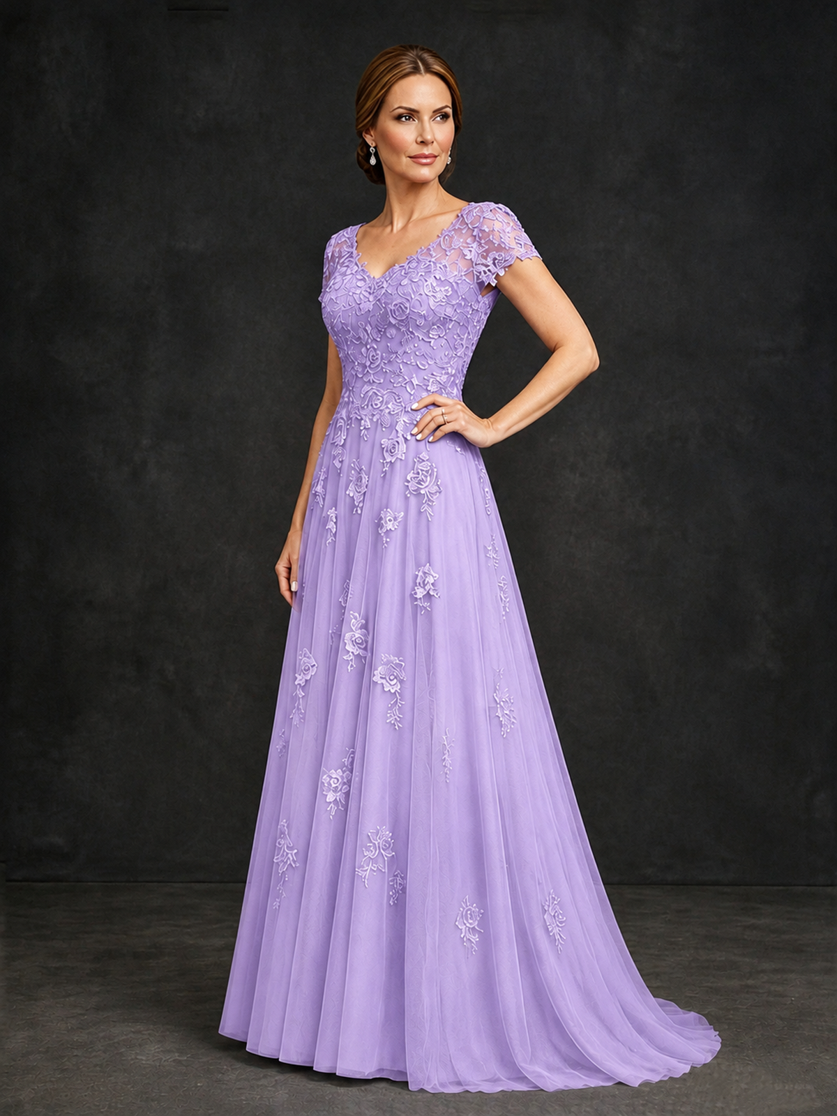 BOLODOO Lilac Cap Sleeve Lace Appliqué A-Line Formal Gown | Mother of the Bride Dress - Lilac - Lilac_3