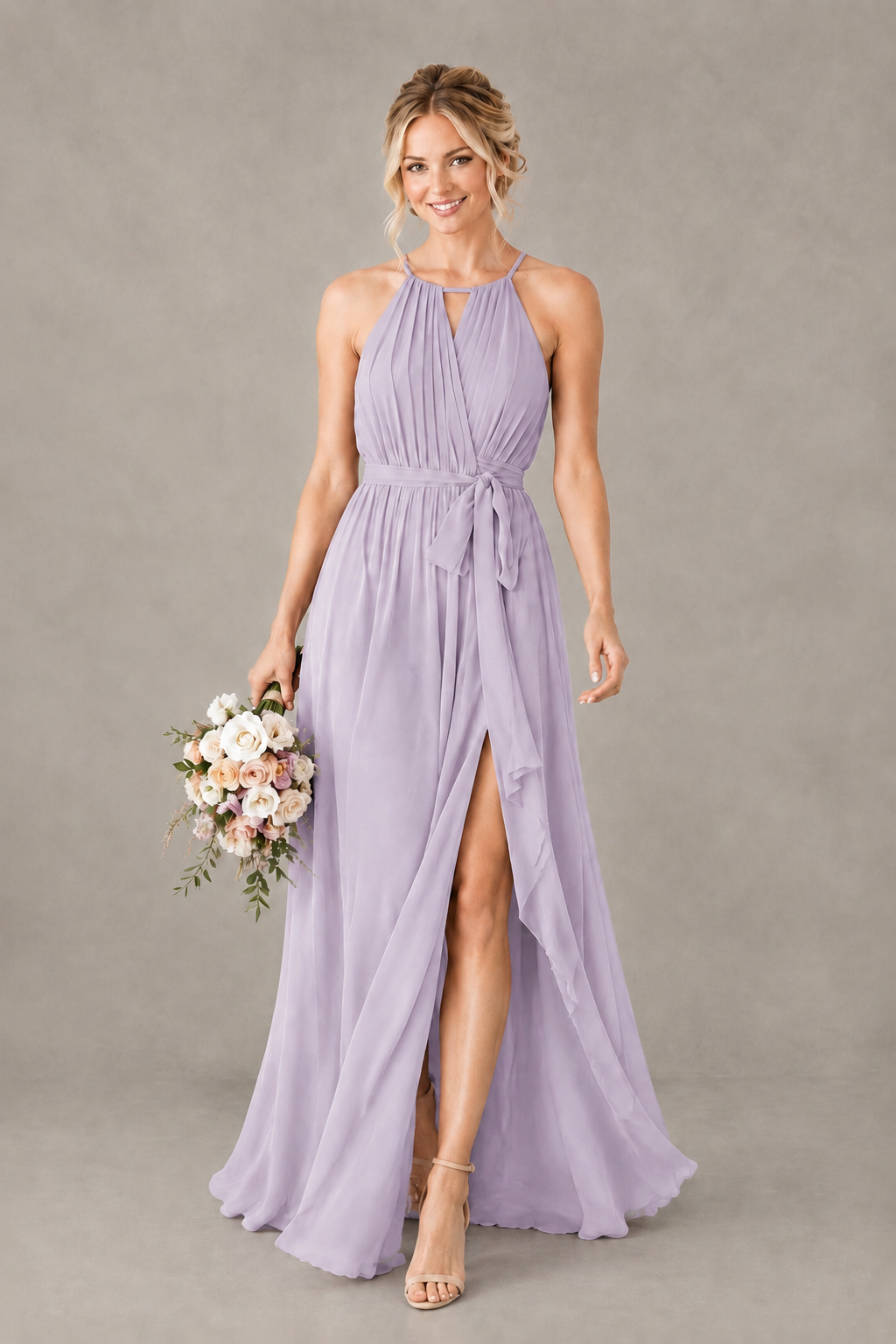BOLODOO Lilac Halter Chiffon Bridesmaid Dress with High Slit - Lilac