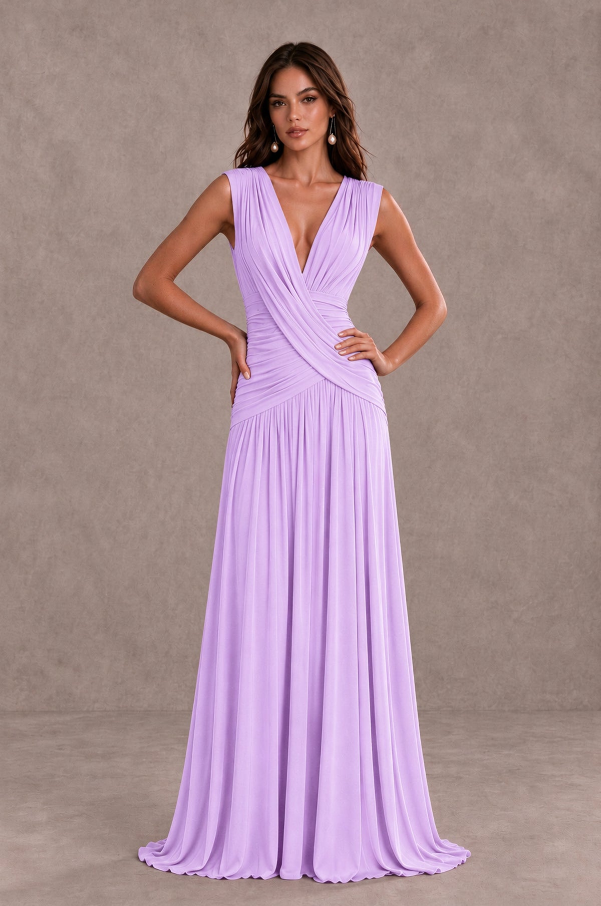 BOLODOO Lilac V-Neck Ruched Wedding Guest Dress - Lilac - Lilac_3