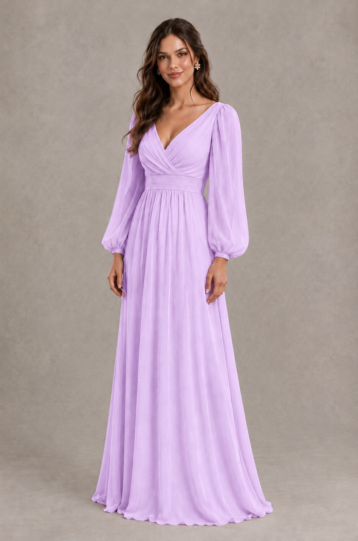 BOLODOO Lilac Long Sleeve V-Neck A-Line Bridesmaid Dress - Lilac - Lilac_3