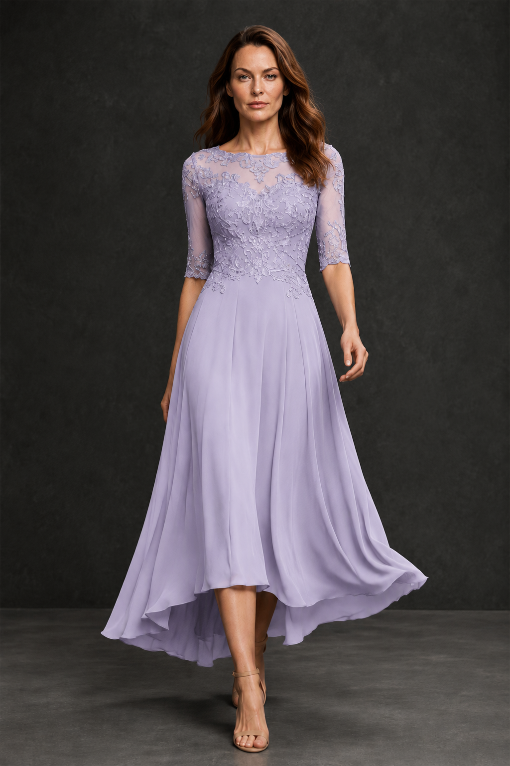 BOLODOO Lilac Illusion Lace 3/4 Sleeve Hi-Lo Chiffon A-Line Dress | Mother of the Bride Tea Length Dress - Lilac