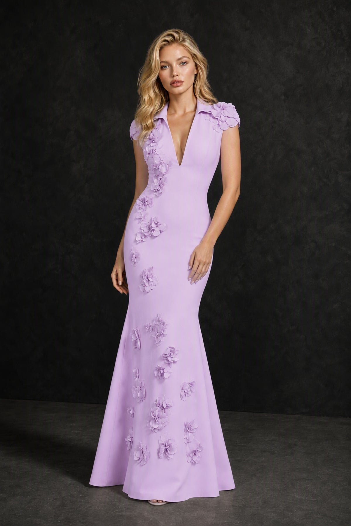 BOLODOO Lilac 3D Floral Appliqué Deep V-Neck Cap Sleeve Mermaid Gown - Lilac