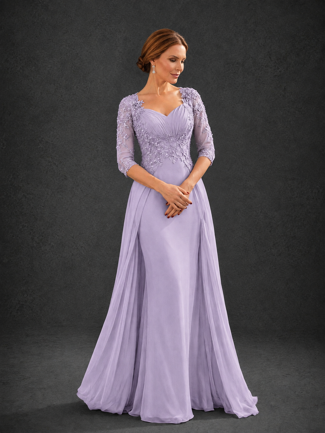 BOLODOO Lilac Sweetheart Neck 3/4 Sleeve Floral Lace Illusion Bodice Chiffon A-Line Gown - Lilac