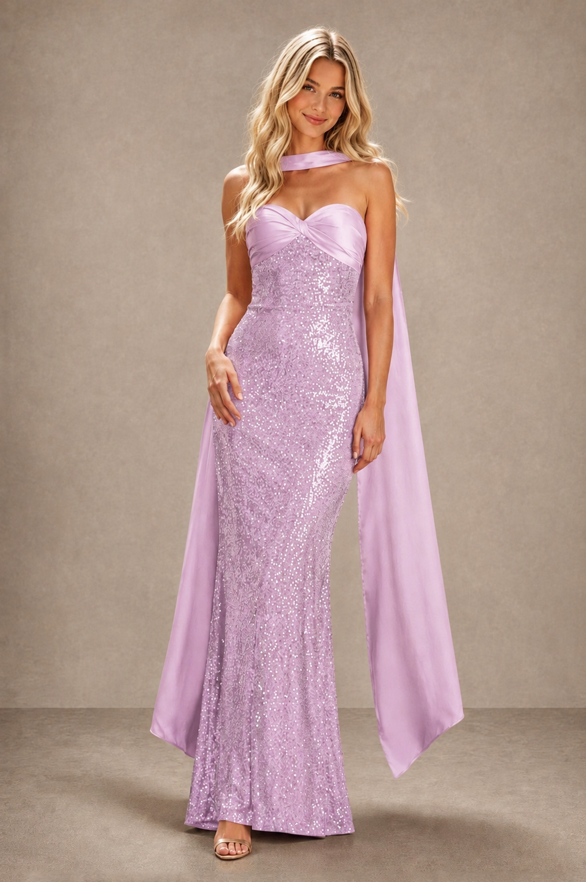 BOLODOO Lilac Strapless Sweetheart Evening Dress with Scarf - Lilac - Lilac_3
