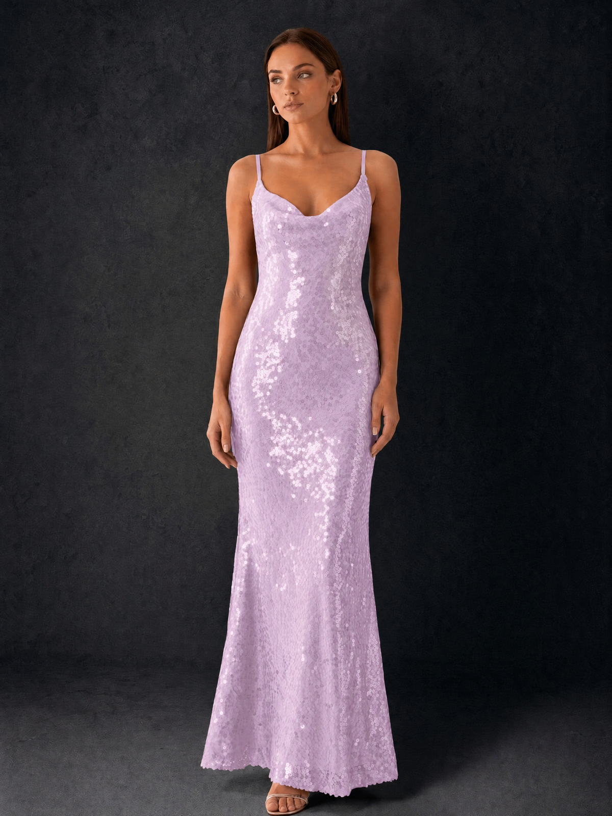 BOLODOO Bronze Sequin Cowl Neck Spaghetti Strap Mermaid Maxi Dress with Open Criss-Cross Back - Lilac - Lilac