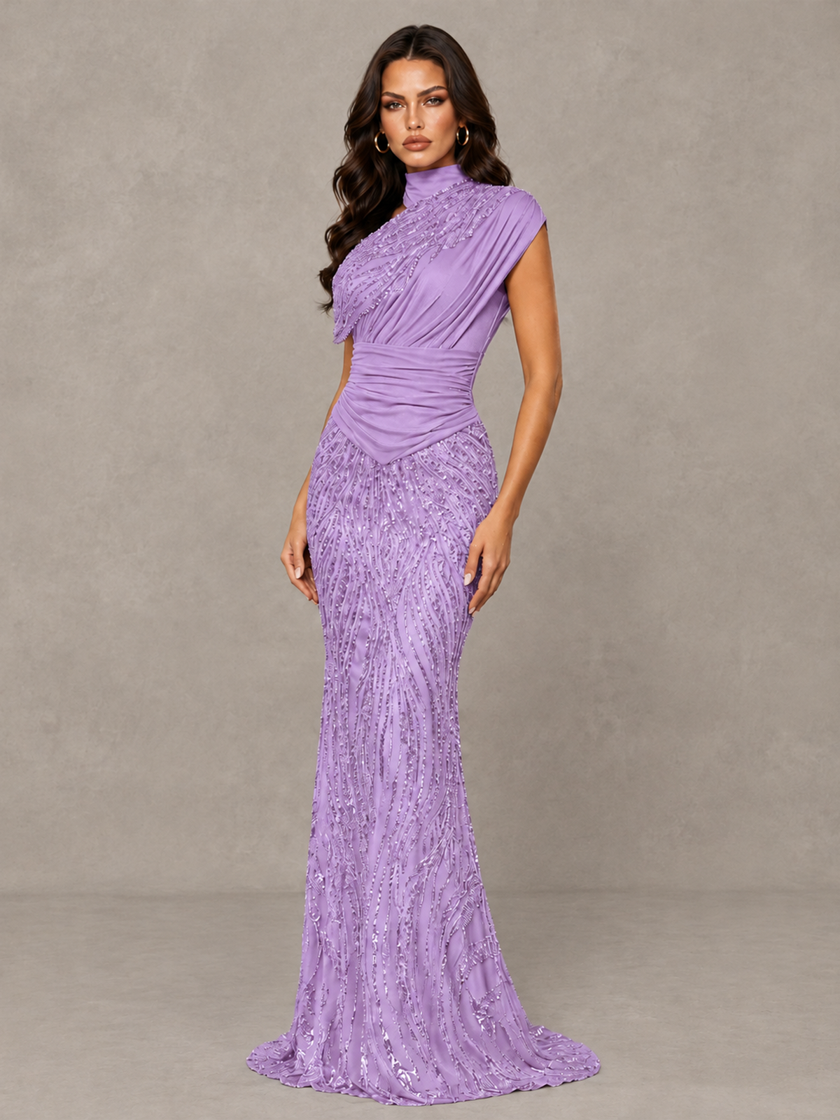 BOLODOO Lilac High Neck Draped Sequin Mermaid Evening Gown - Lilac - Lilac_3