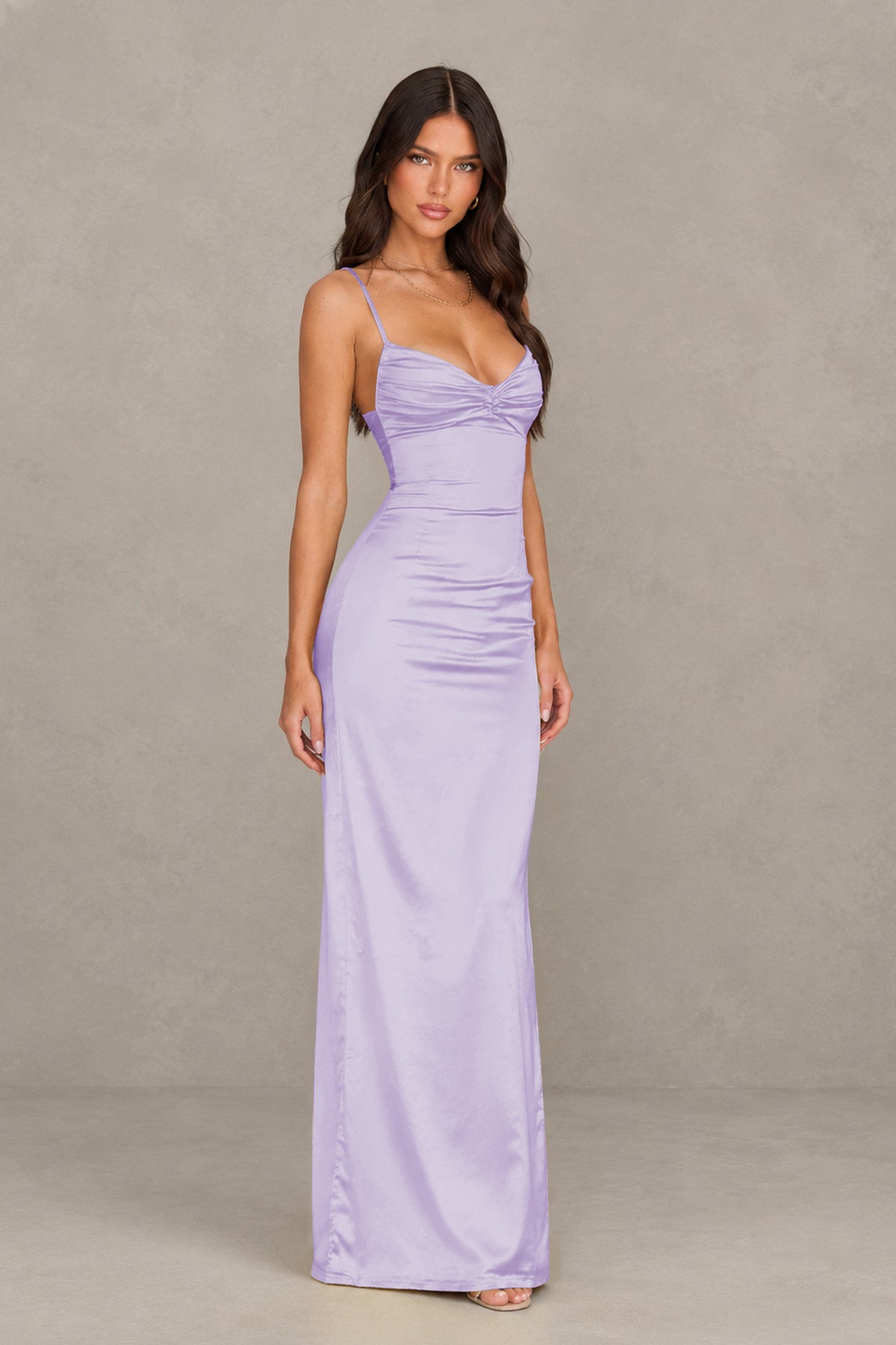 BOLODOO Lilac Satin Cowl Neck Open Back Mermaid Maxi Dress with Side Slit - Lilac