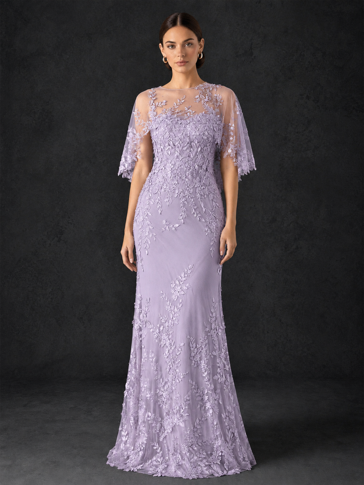BOLODOO Mocha Lilac Botanical Lace Flutter Sleeve Mermaid Gown - Lilac