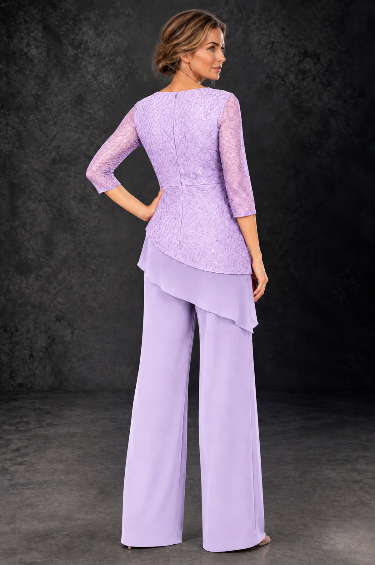 BOLODOO Lilac Sequin Lace 3/4 Sleeve Chiffon Mother of the Bride Pant Suit - Lilac - Lilac_3