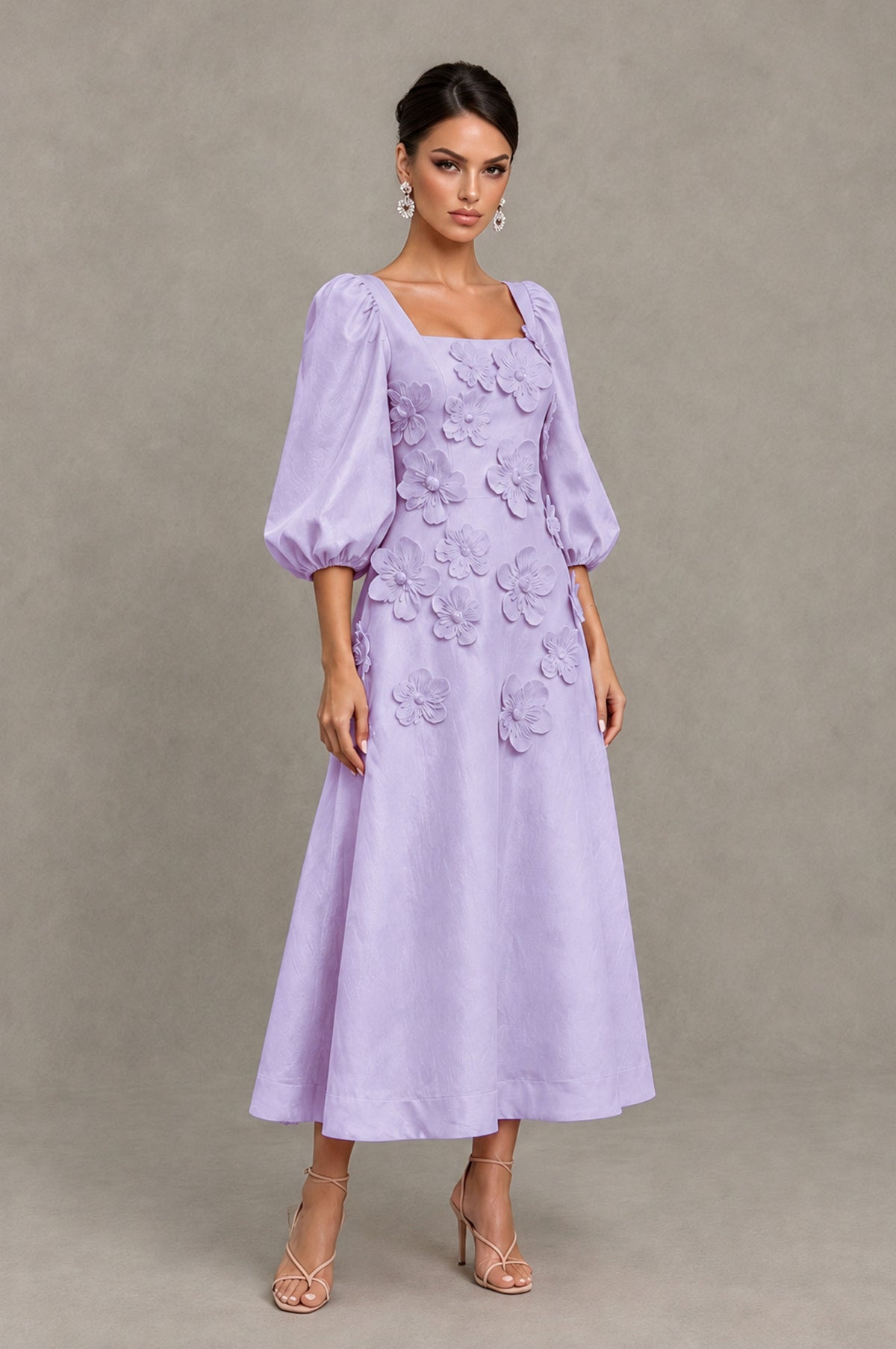 BOLODOO Lilac 3D Floral Puff Sleeve Midi Cocktail Dress - Lilac - Lilac_3