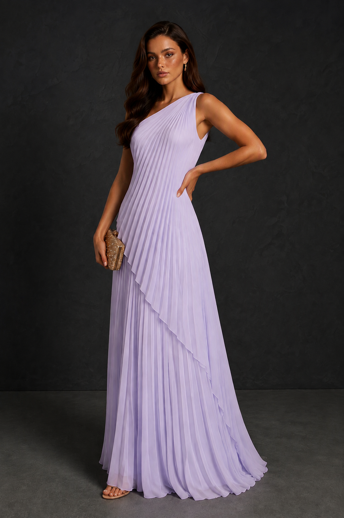 BOLODOO Lilac One-Shoulder Sunburst Pleated Asymmetric Layered Overlay Accordion Pleated Chiffon Maxi Dress - Lilac