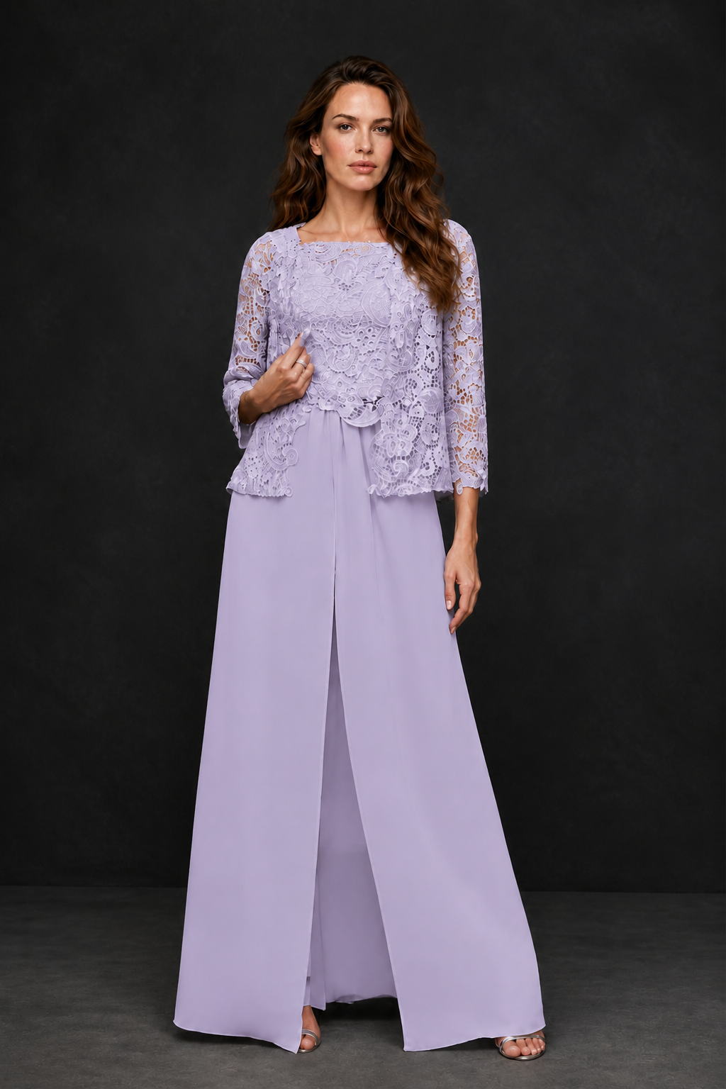 BOLODOO Lilac Grey Lace Peplum Top & Wide-Leg Chiffon Pants Set | Mother of the Bride & Formal Evening Outfit - Lilac