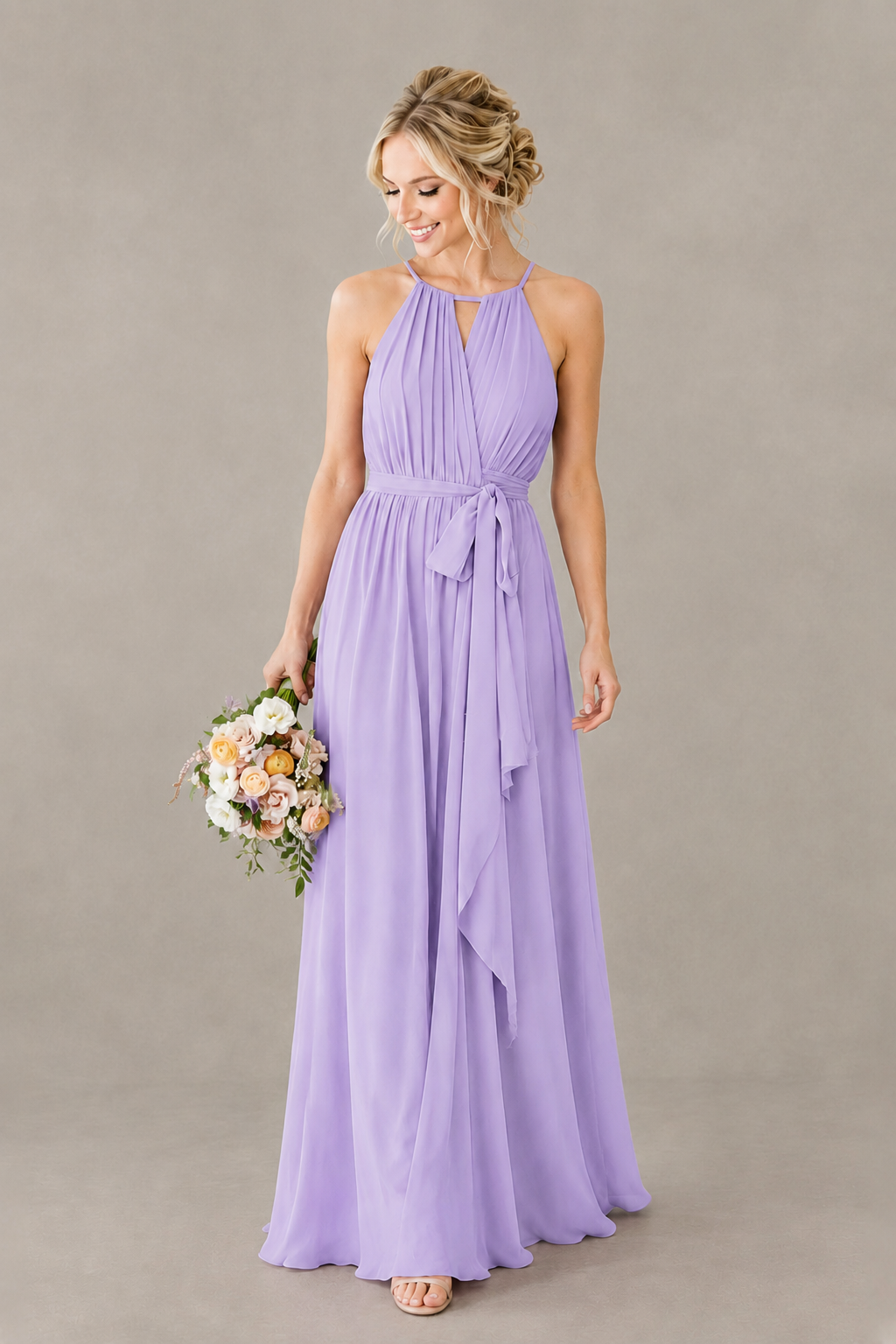 BOLODOO Lilac Halter Chiffon Bridesmaid Dress with High Slit - Lilac