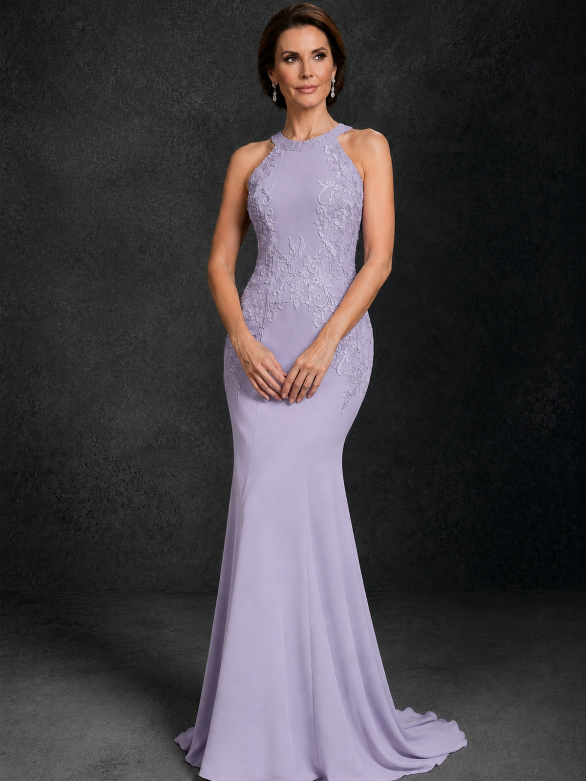 BOLODOO Lilac Lace Applique Halter Neck Sheer Back Mermaid Maxi Dress with Sweep Train - Lilac