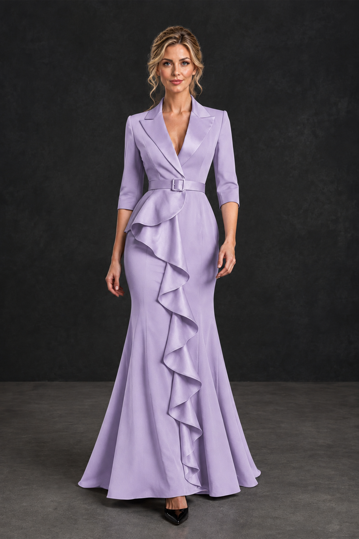 BOLODOO Lilac Lapel Ruffle Mother of the Bride Dress with Belt - Lilac - Lilac_4