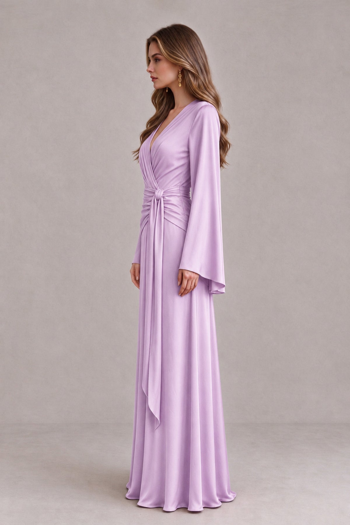 BOLODOO Lilac Yellow Satin-Look V-Neck Long Bell Sleeve Evening Dress - Lilac - Lilac_4
